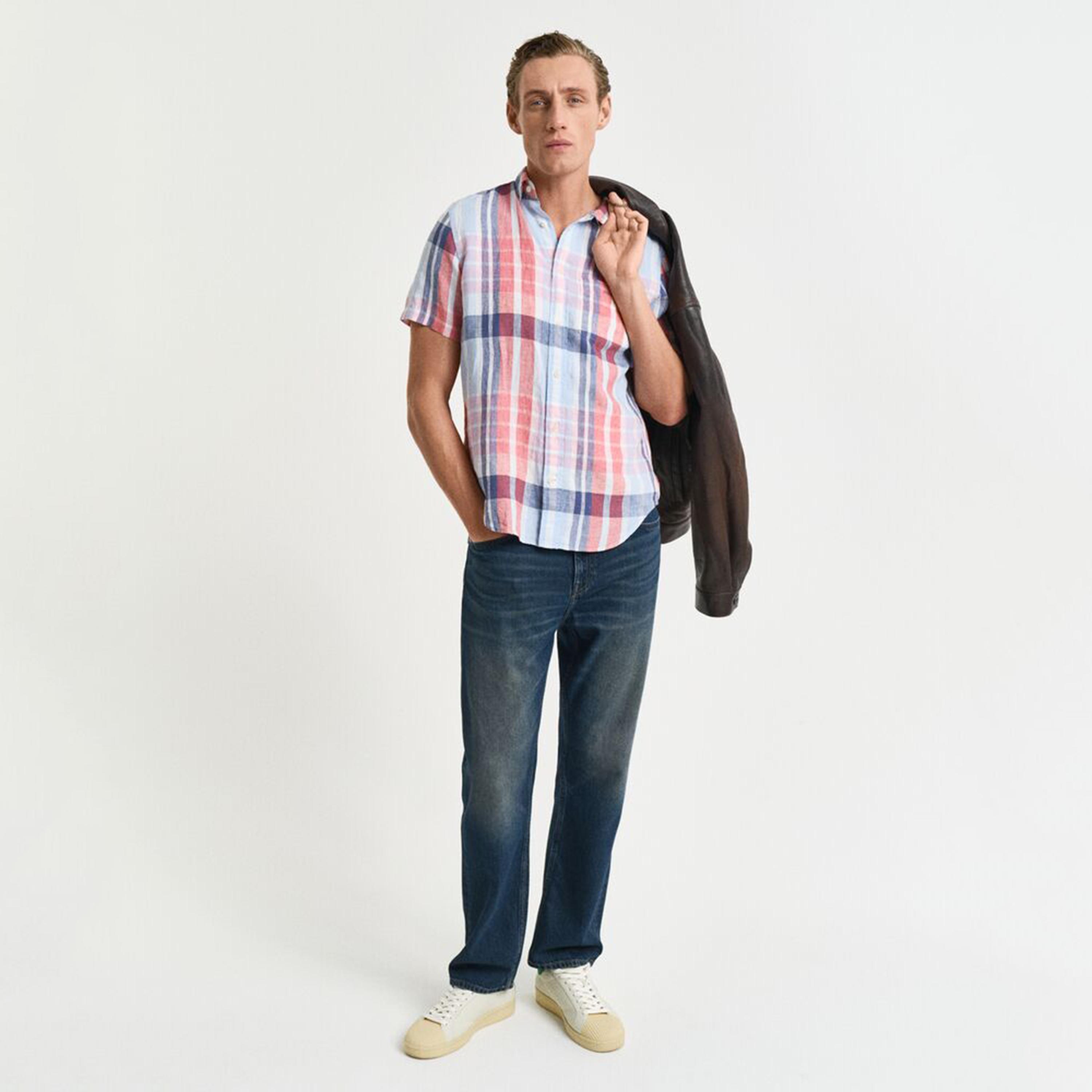 قميص رجالي كاروهات من الكتان بقصة عادية وياقة وأزرار وأكمام قصيرة من جانت-men-clothing-shirts-image-6