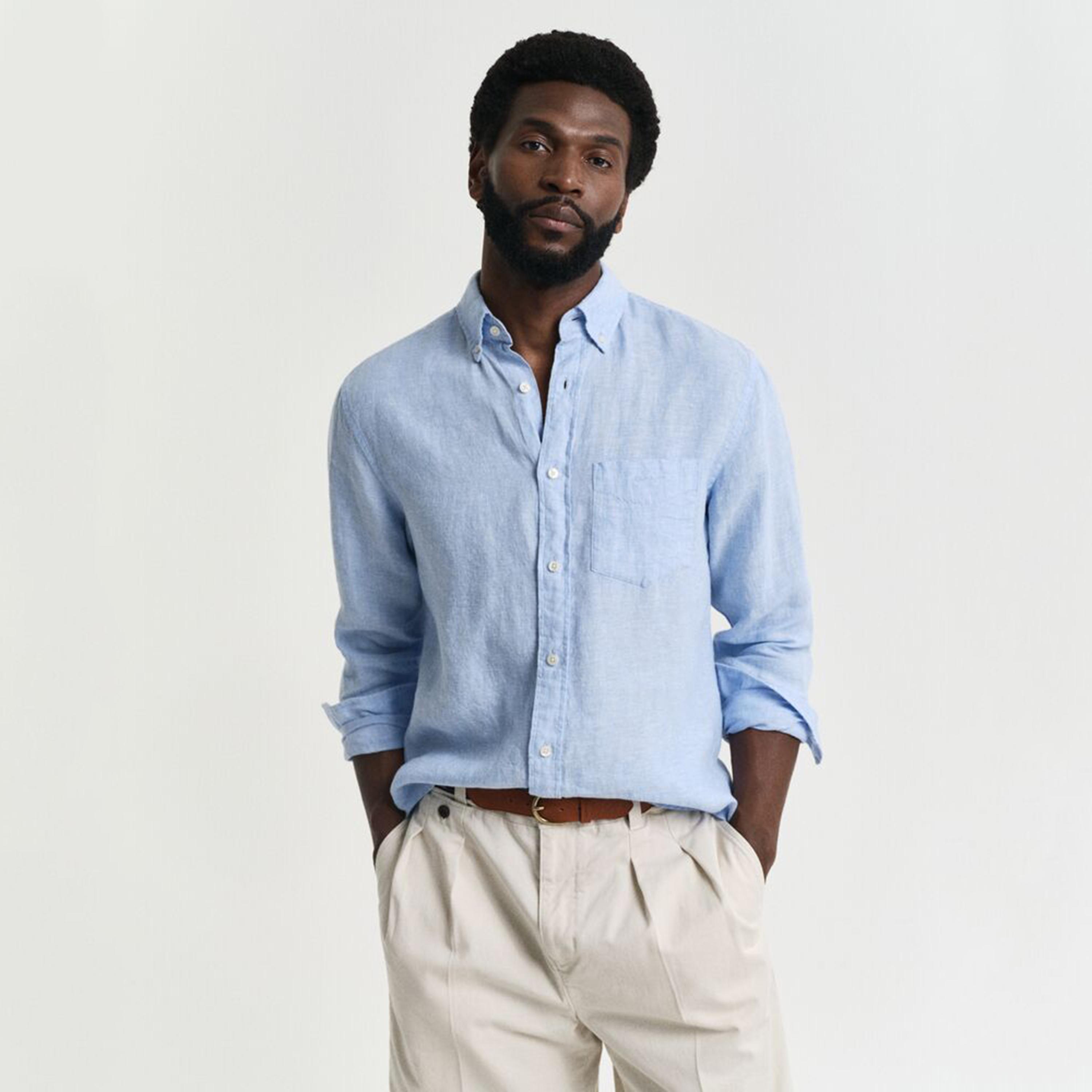 Gant Regular Fit Plain Button-Down Collar Long Sleeves Men's Linen Shirt-men-clothing-shirts-image-8