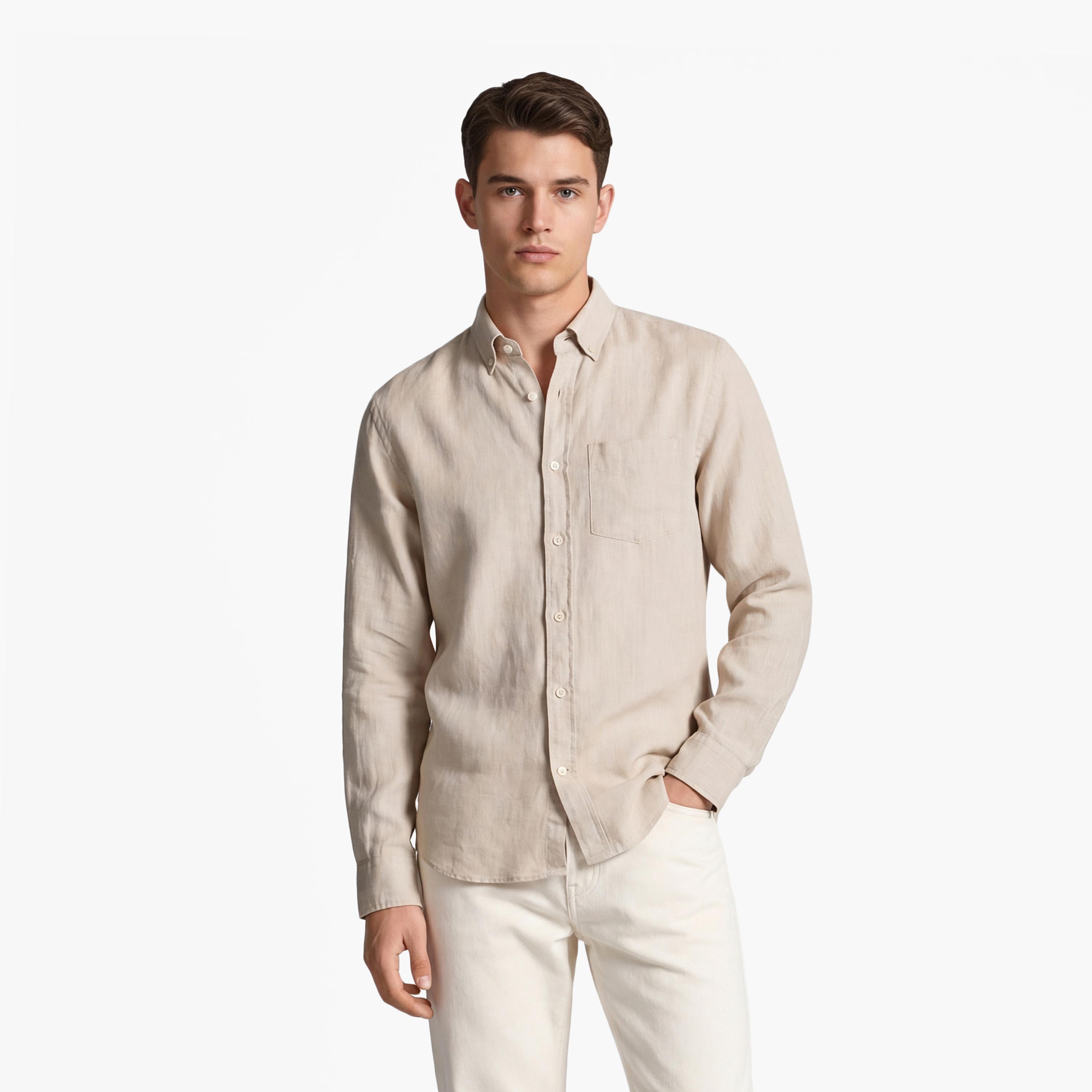 Gant Regular Fit Plain Button-Down Collar Long Sleeves Men's Linen Shirt-men-clothing-shirts-image-1