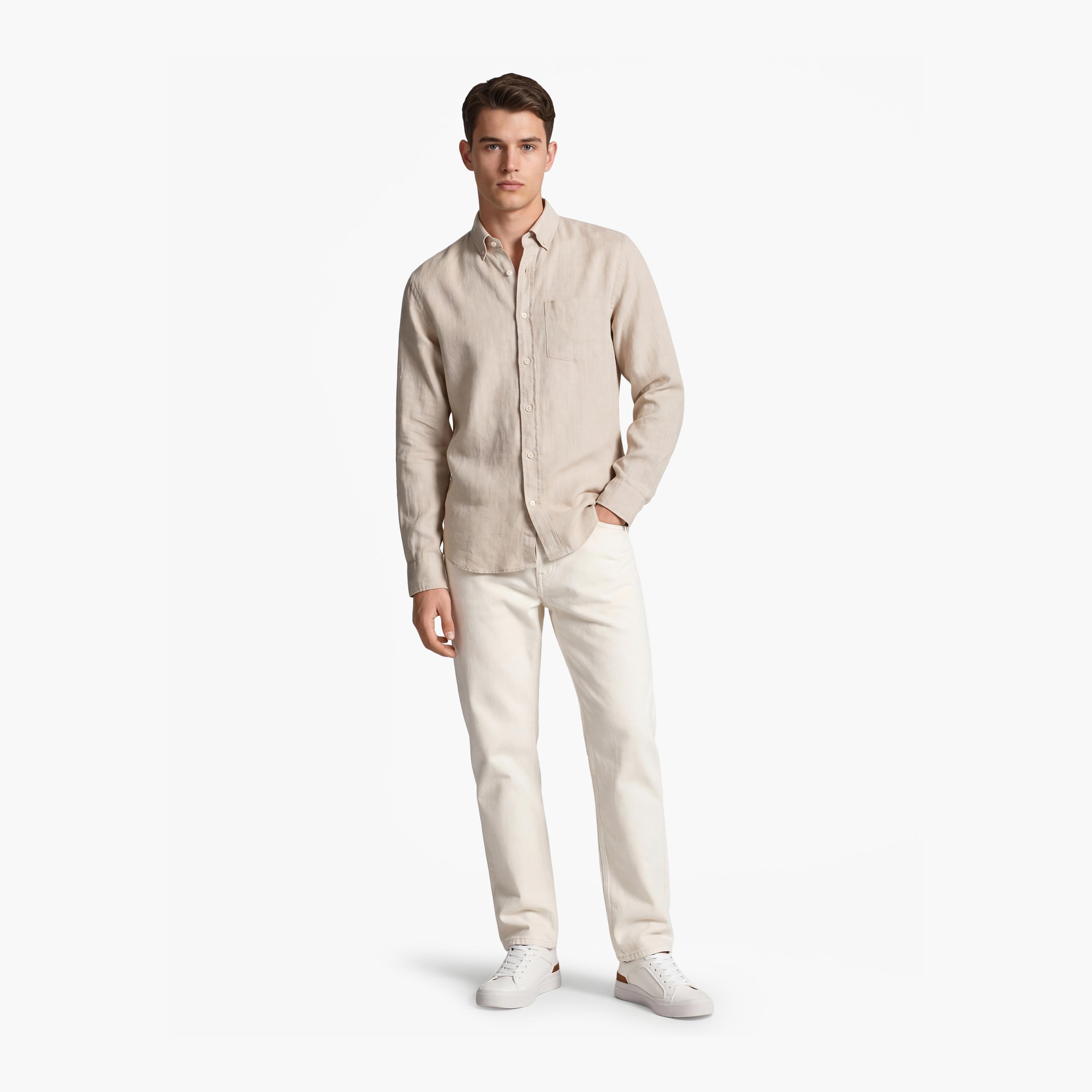 Gant Regular Fit Plain Button-Down Collar Long Sleeves Men's Linen Shirt-men-clothing-shirts-image-2