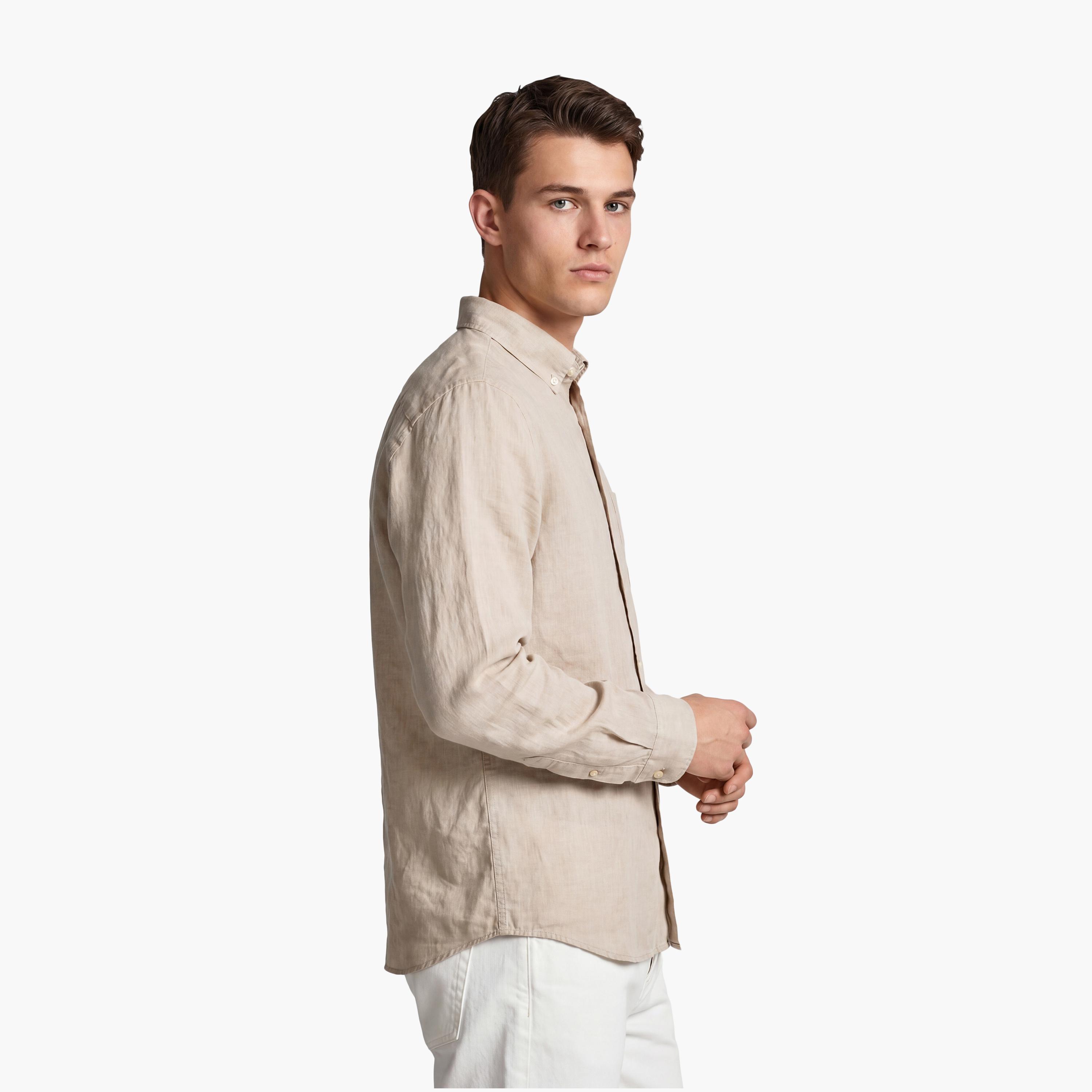 Gant Regular Fit Plain Button-Down Collar Long Sleeves Men's Linen Shirt-men-clothing-shirts-image-3