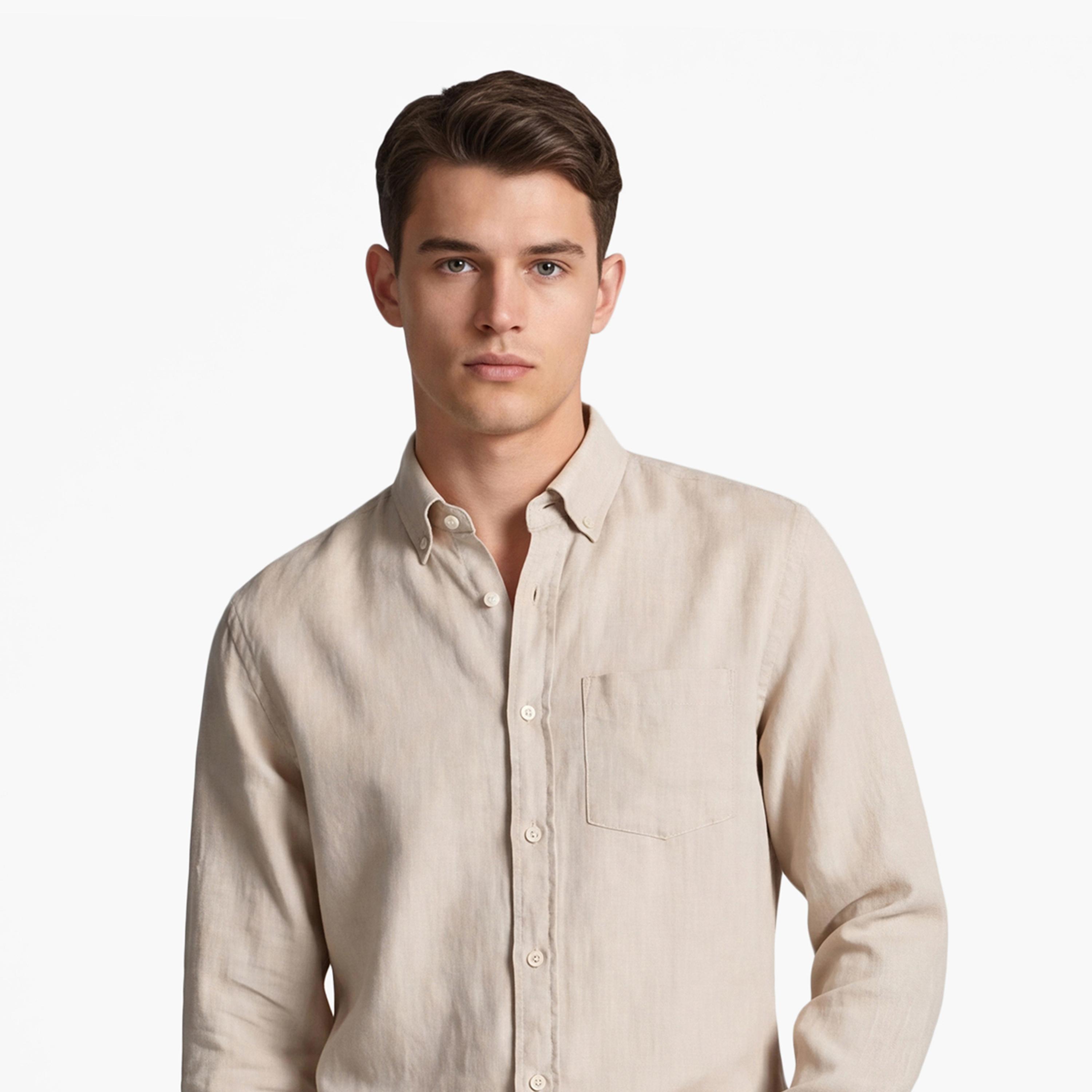 Gant Regular Fit Plain Button-Down Collar Long Sleeves Men's Linen Shirt-men-clothing-shirts-image-4
