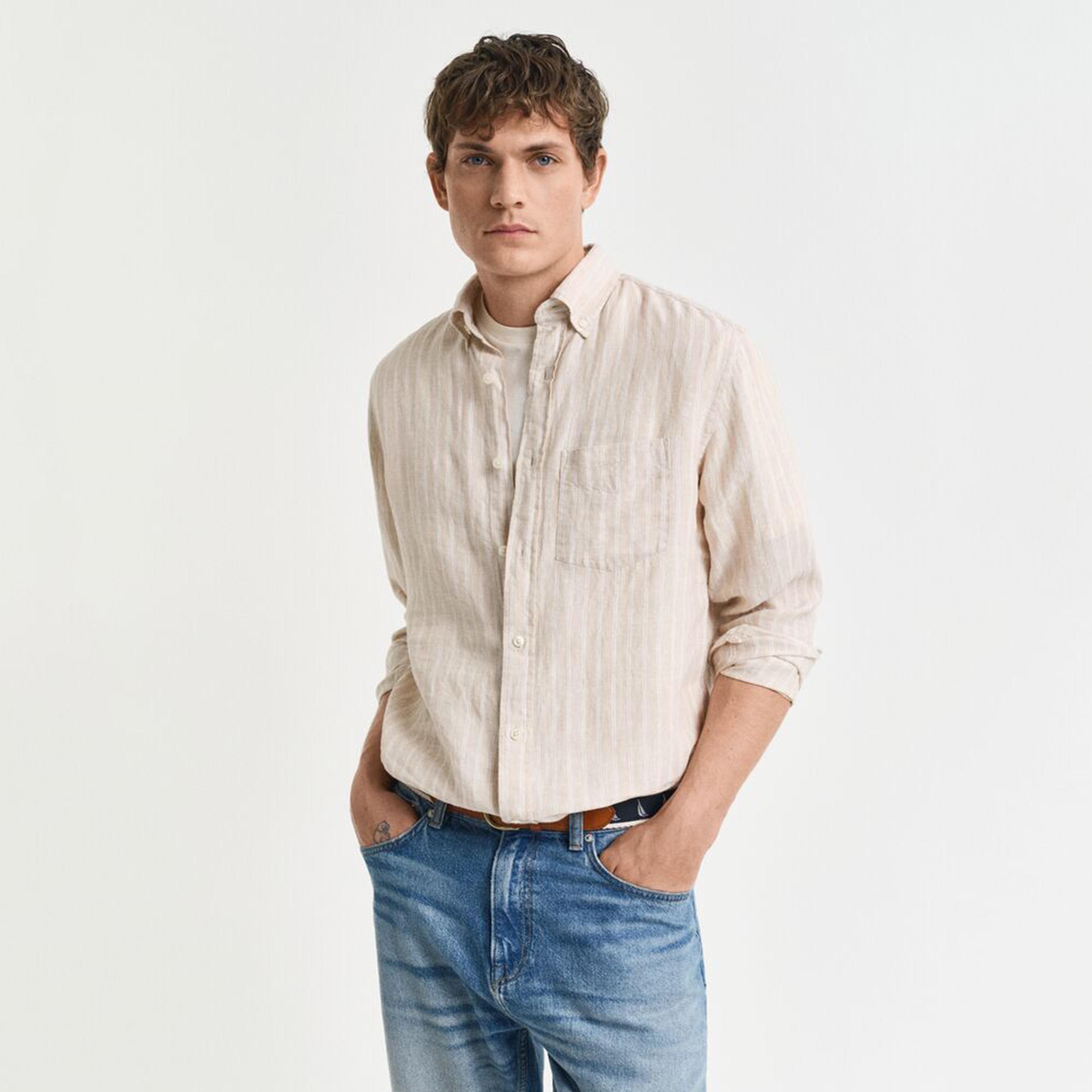 قميص رجالي مخطط من الكتان بقصة عادية وياقة وأزرار وأكمام طويلة من جانت-men-clothing-shirts-image-1