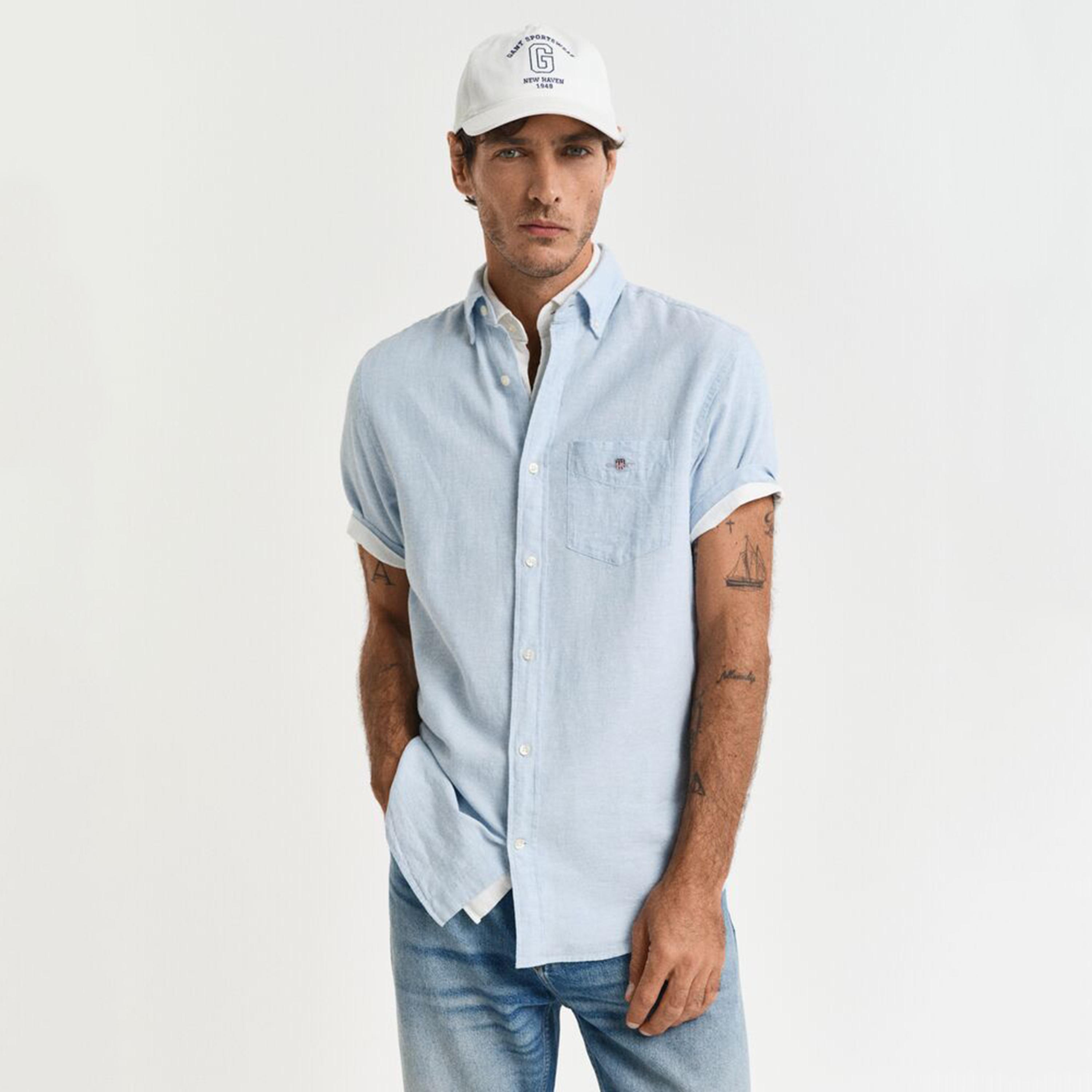 قميص رجالي سادة من مزيج الكتان بقصة عادية وياقة وأزرار وأكمام قصيرة من جانت-men-clothing-shirts-image-1