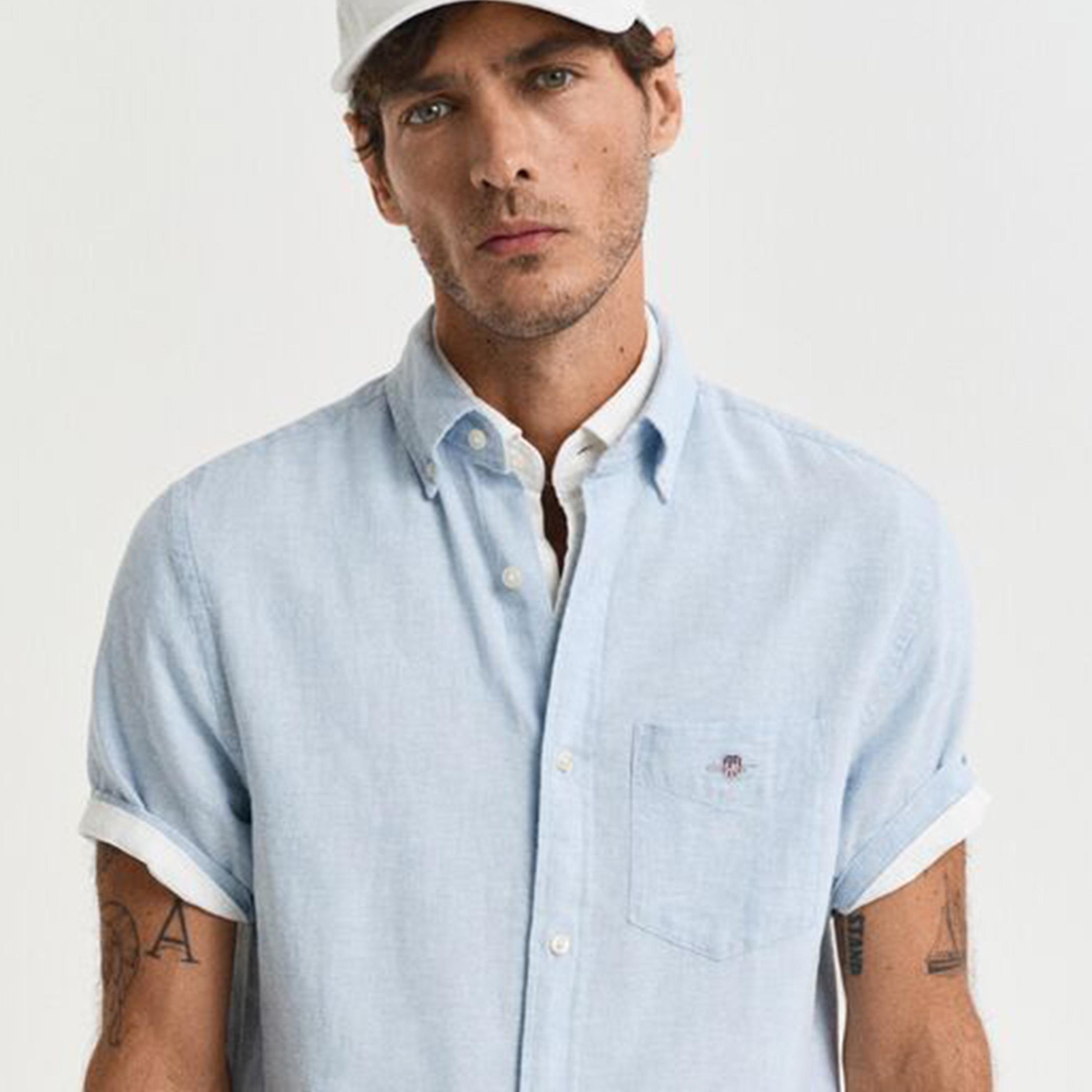 قميص رجالي سادة من مزيج الكتان بقصة عادية وياقة وأزرار وأكمام قصيرة من جانت-men-clothing-shirts-image-2
