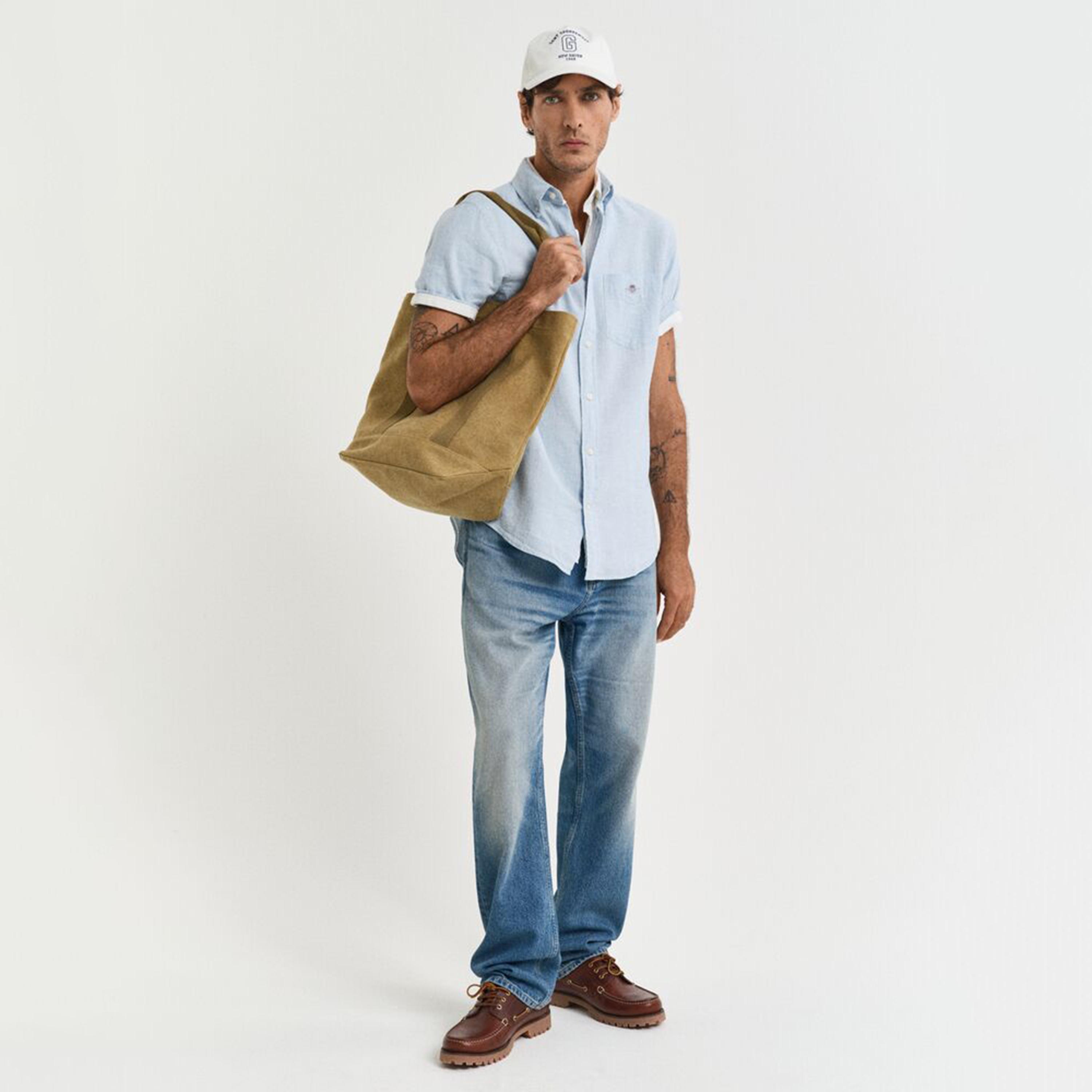 قميص رجالي سادة من مزيج الكتان بقصة عادية وياقة وأزرار وأكمام قصيرة من جانت-men-clothing-shirts-image-3
