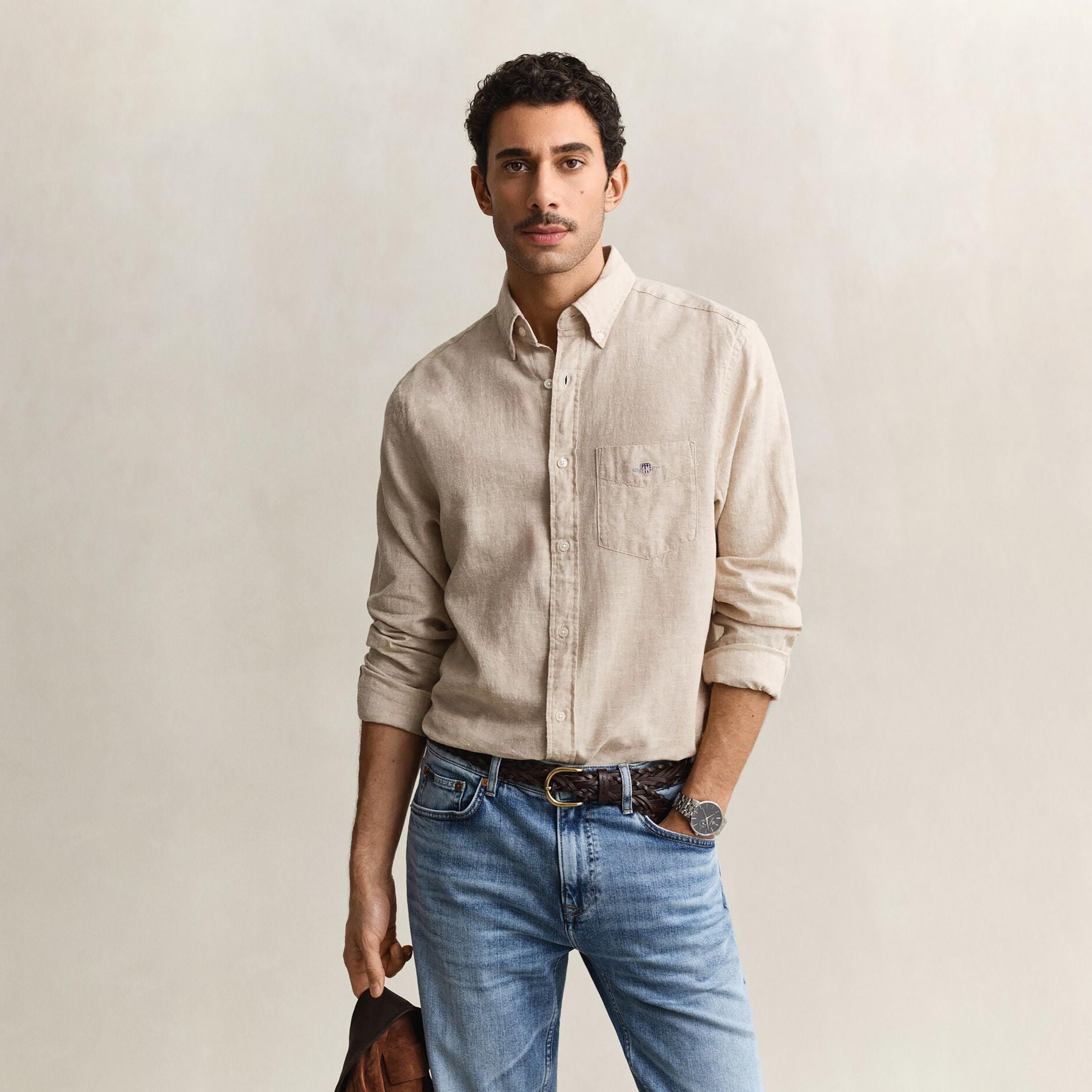 Gant Plain Regular Fit Long Sleeves Linen Button-Down Collar Men's Shirt-men-clothing-shirts-image-7