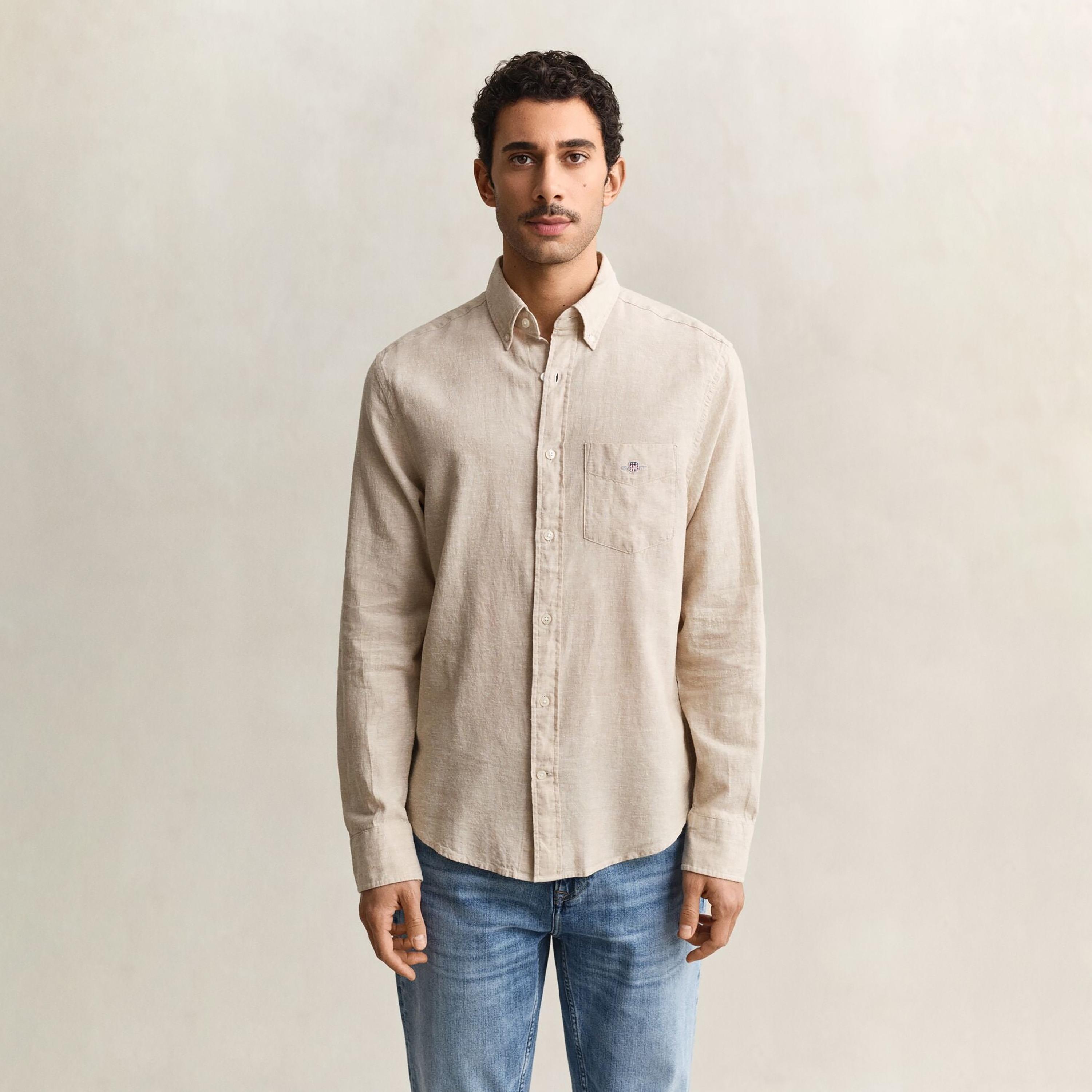 Gant Plain Regular Fit Long Sleeves Linen Button-Down Collar Men's Shirt-men-clothing-shirts-image-11