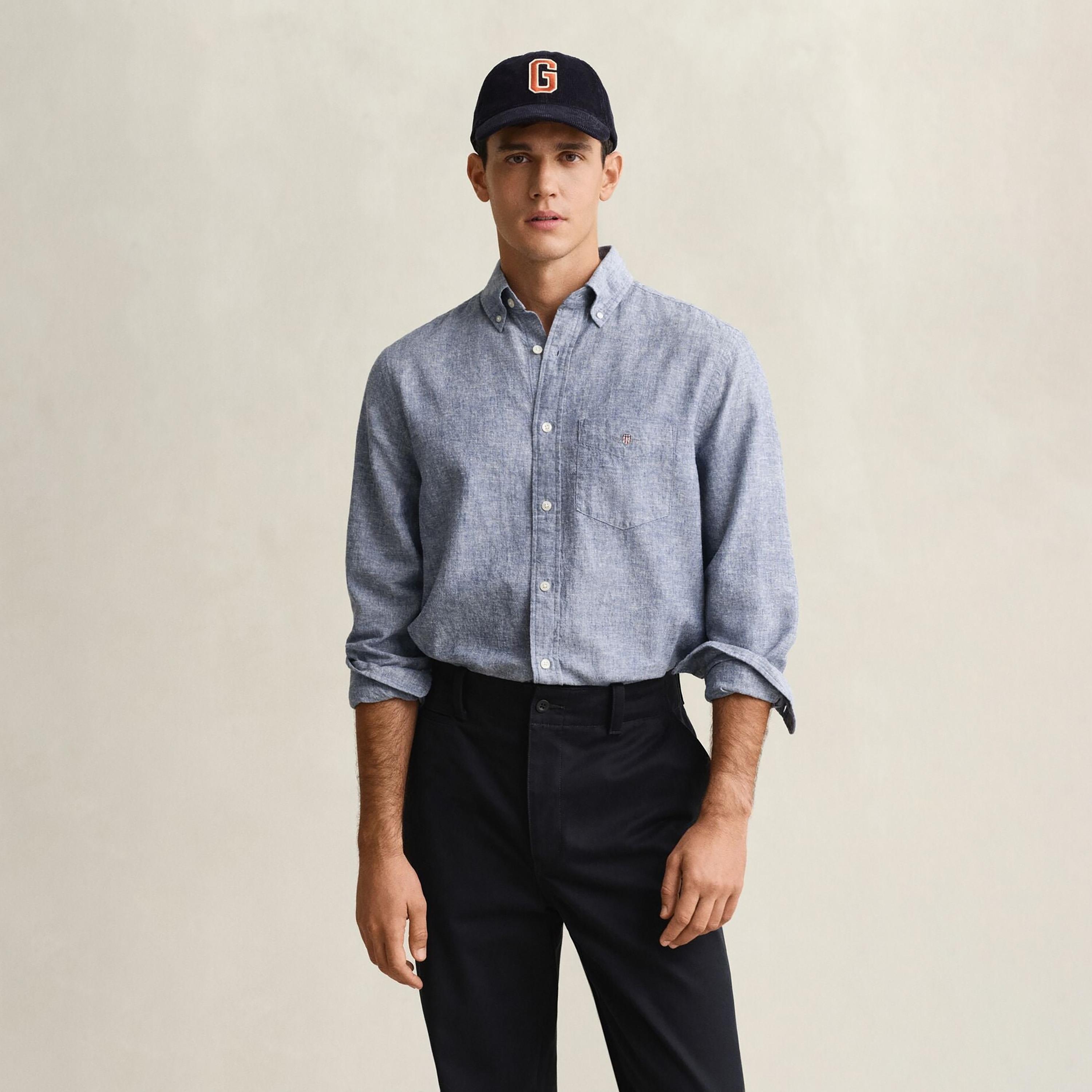 Gant Plain Regular Fit Long Sleeves Linen Button-Down Collar Men's Shirt-men-clothing-shirts-image-19