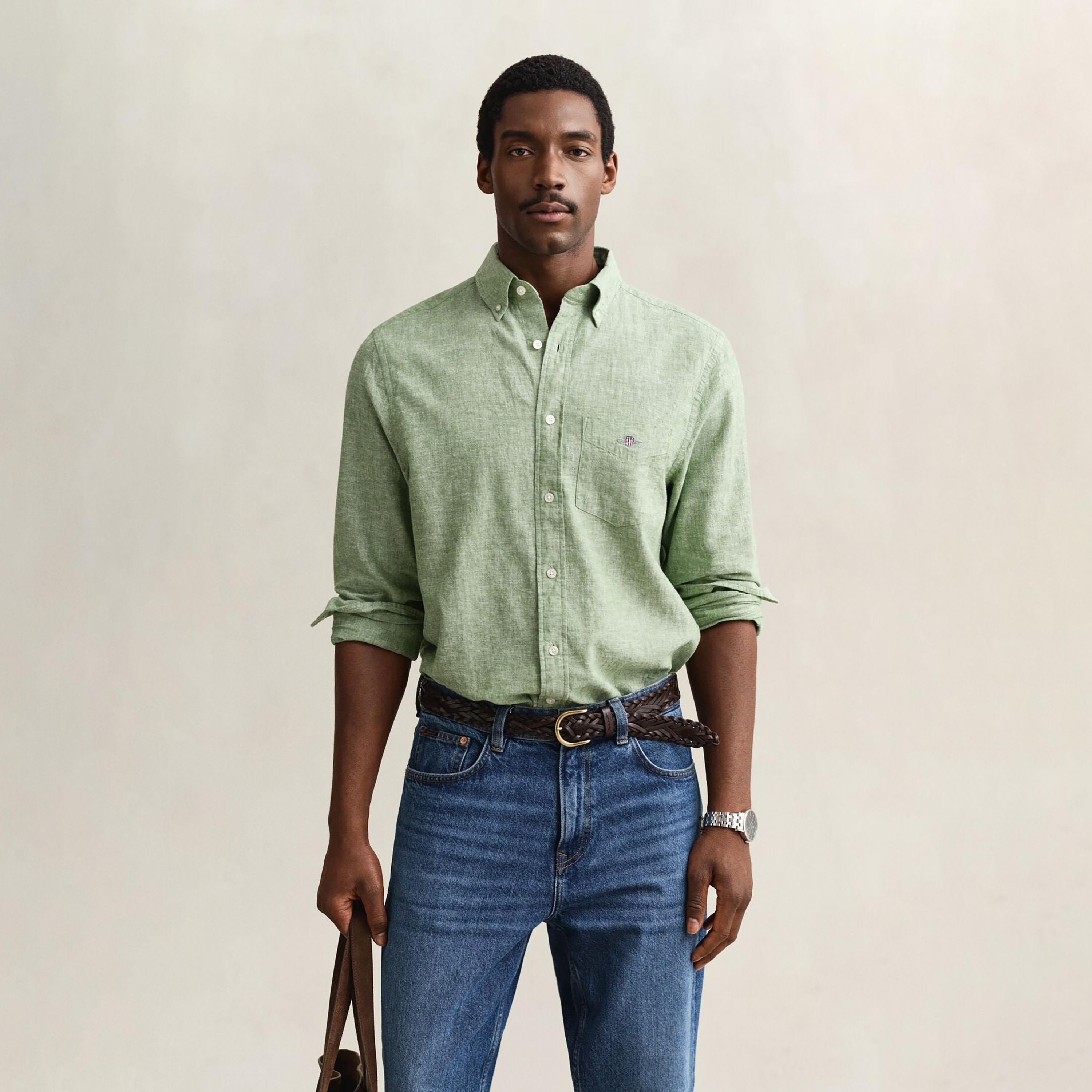 Gant Plain Regular Fit Long Sleeves Linen Button-Down Collar Men's Shirt-men-clothing-shirts-image-13