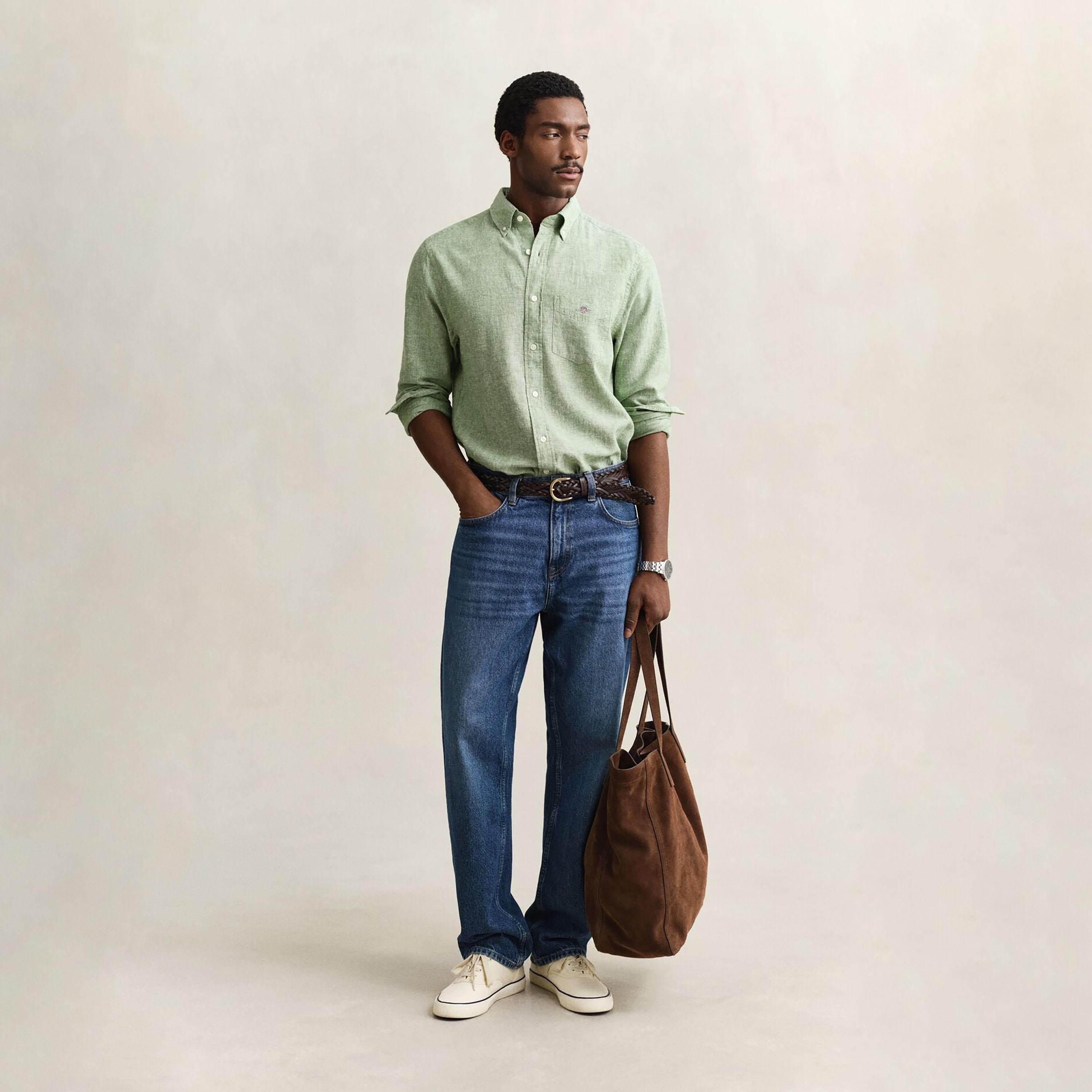 Gant Plain Regular Fit Long Sleeves Linen Button-Down Collar Men's Shirt-men-clothing-shirts-image-15