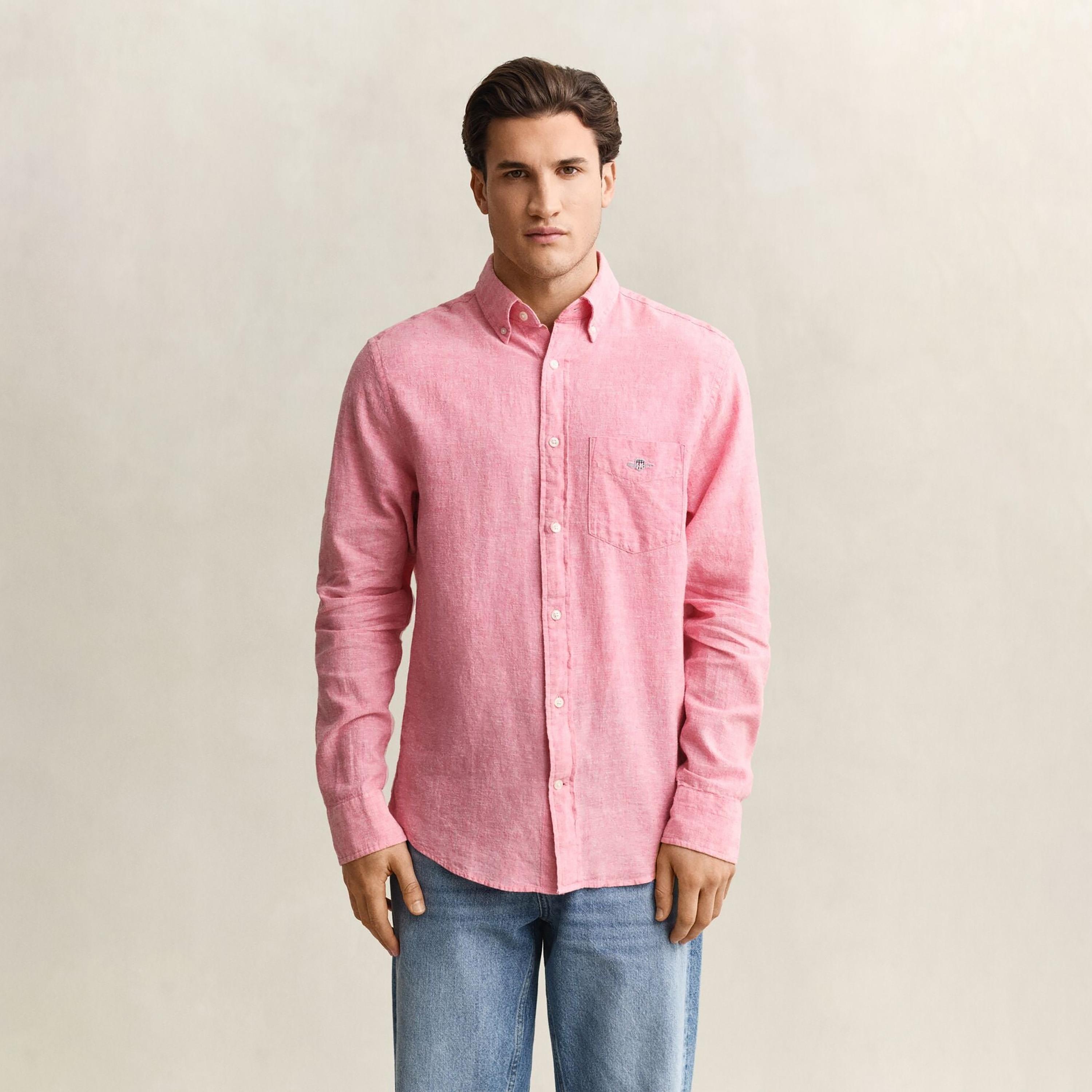 Gant Plain Regular Fit Long Sleeves Linen Button-Down Collar Men's Shirt-men-clothing-shirts-image-31
