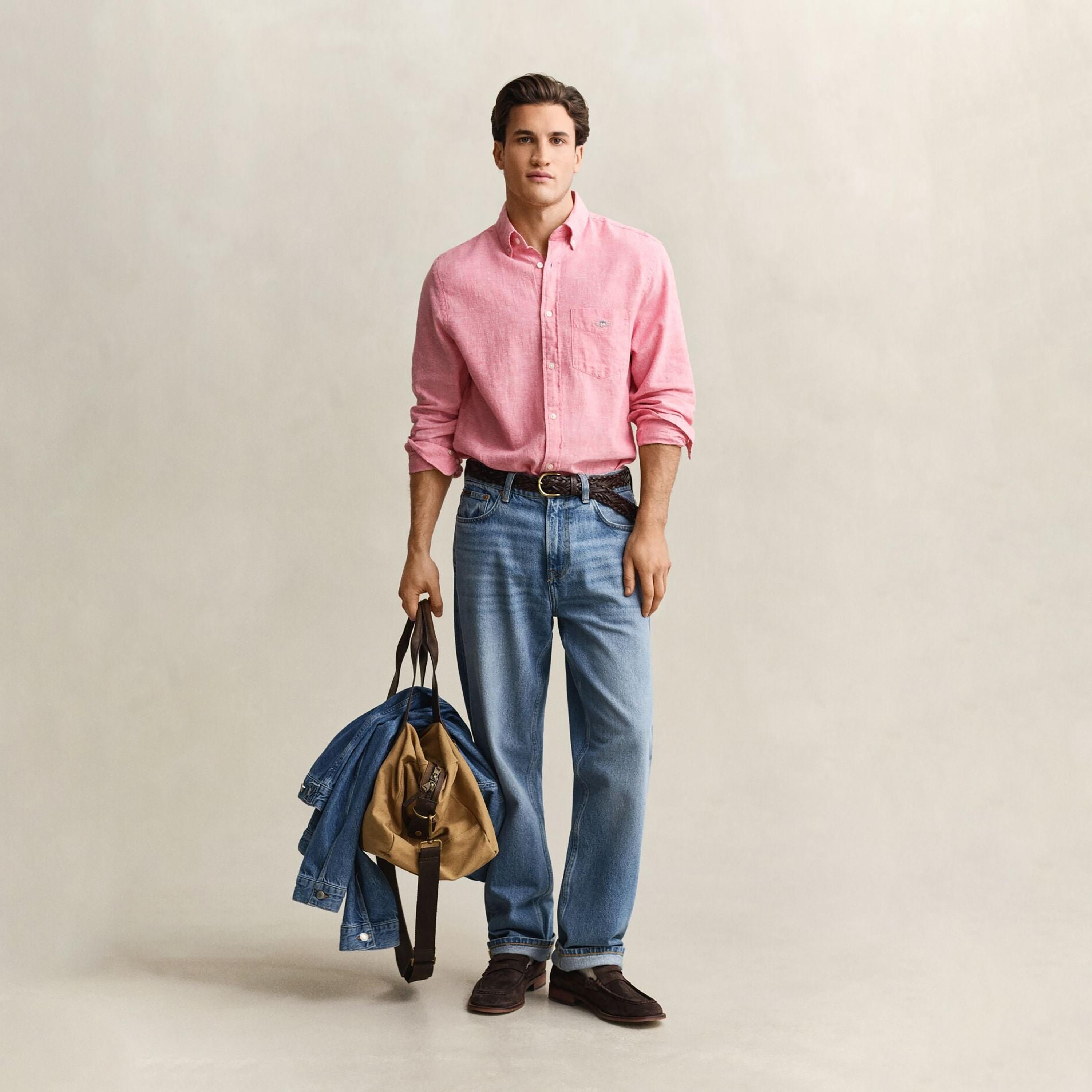 Gant Plain Regular Fit Long Sleeves Linen Button-Down Collar Men's Shirt-men-clothing-shirts-image-32