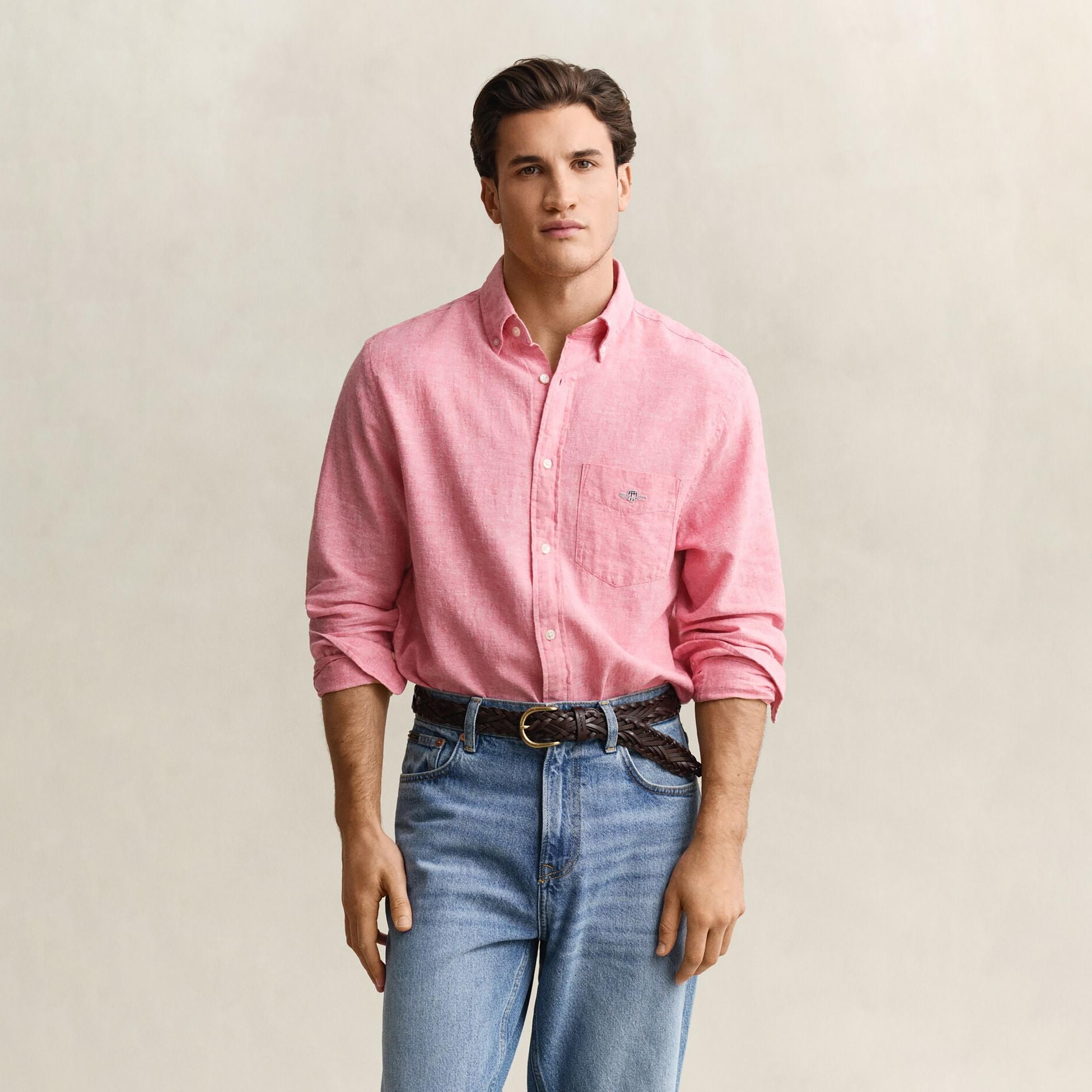 Gant Plain Regular Fit Long Sleeves Linen Button-Down Collar Men's Shirt-men-clothing-shirts-image-34