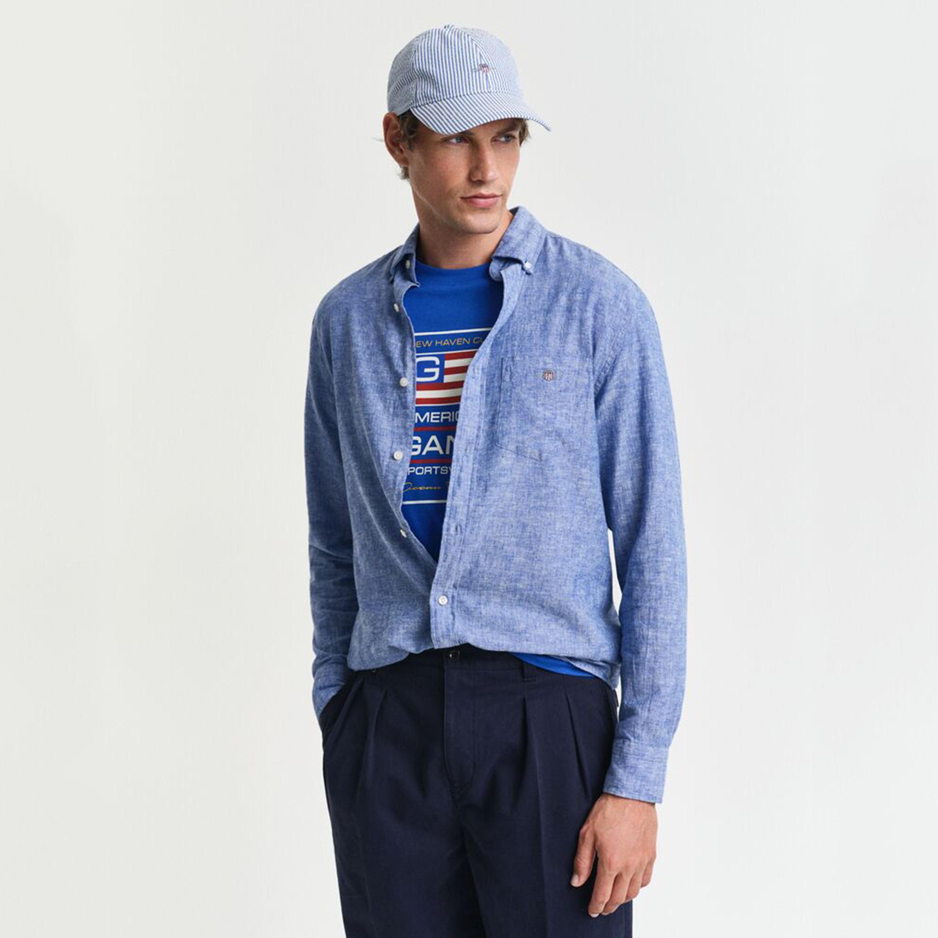 Gant Regular Fit Plain Button-Down Collar Long Sleeves Men's Linen Blend Shirt-men-clothing-shirts-image-1
