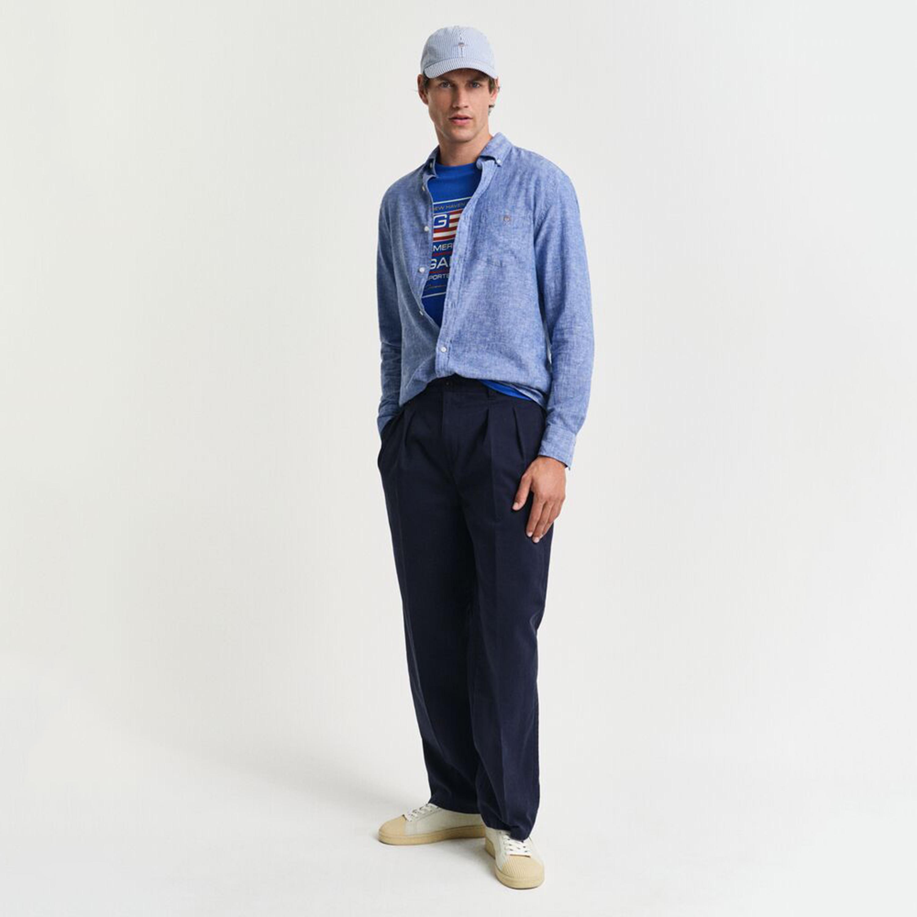 Gant Regular Fit Plain Button-Down Collar Long Sleeves Men's Linen Blend Shirt-men-clothing-shirts-image-3