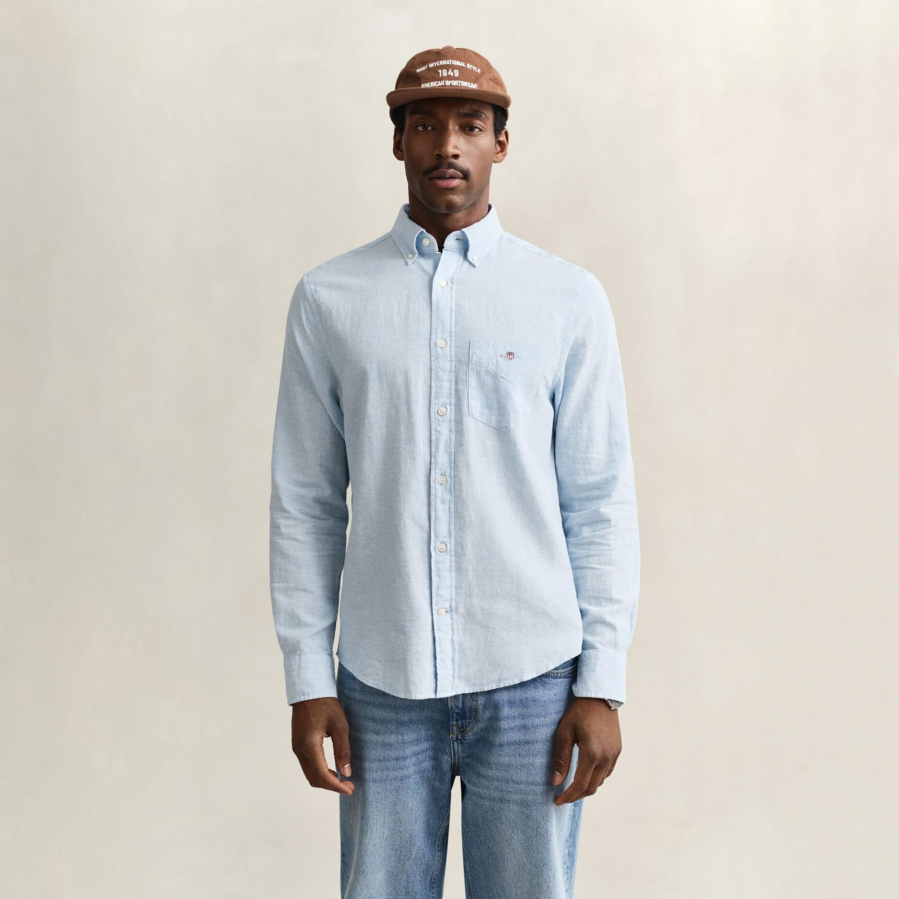 Gant Plain Regular Fit Long Sleeves Linen Button-Down Collar Men's Shirt-men-clothing-shirts-image-25