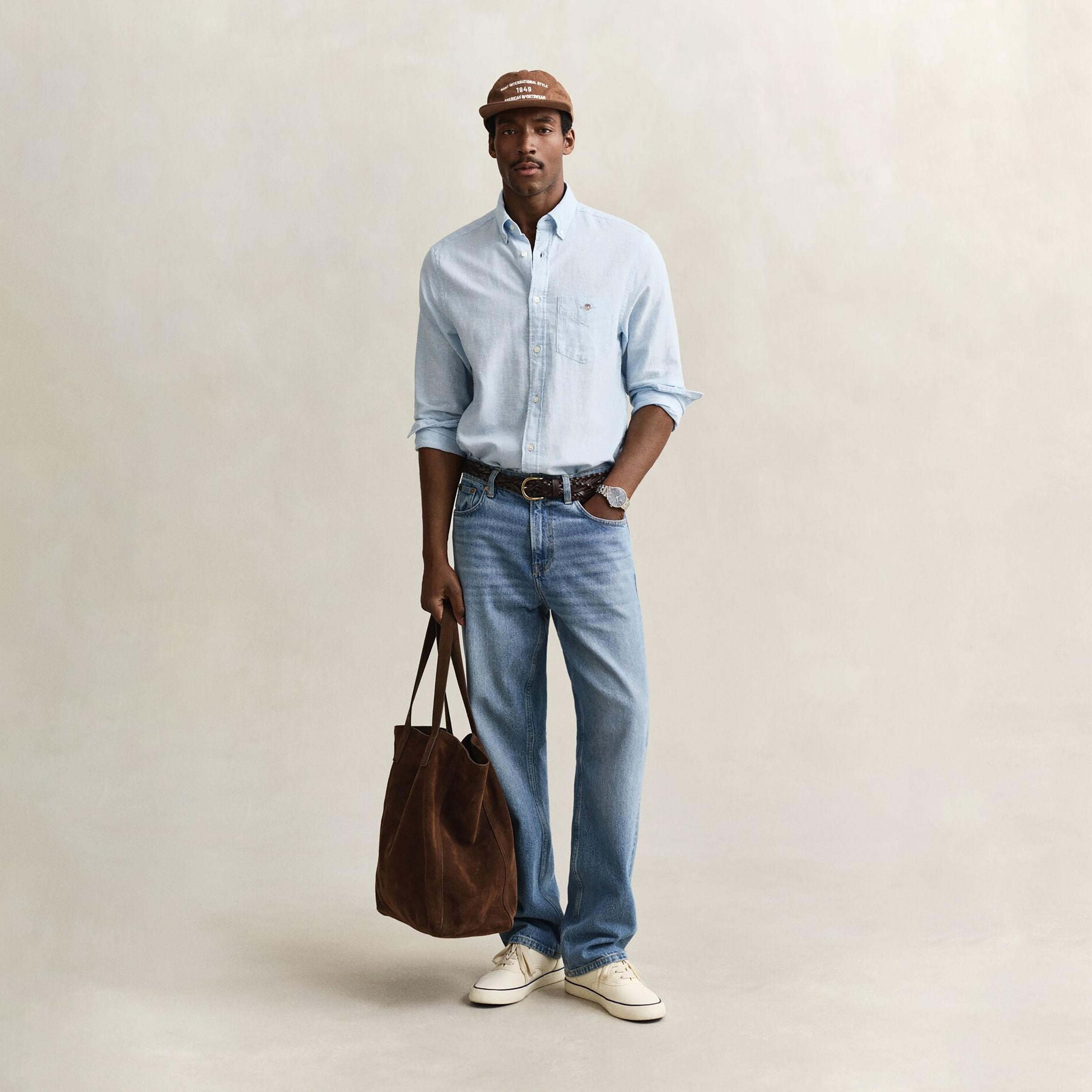 Gant Plain Regular Fit Long Sleeves Linen Button-Down Collar Men's Shirt-men-clothing-shirts-image-27