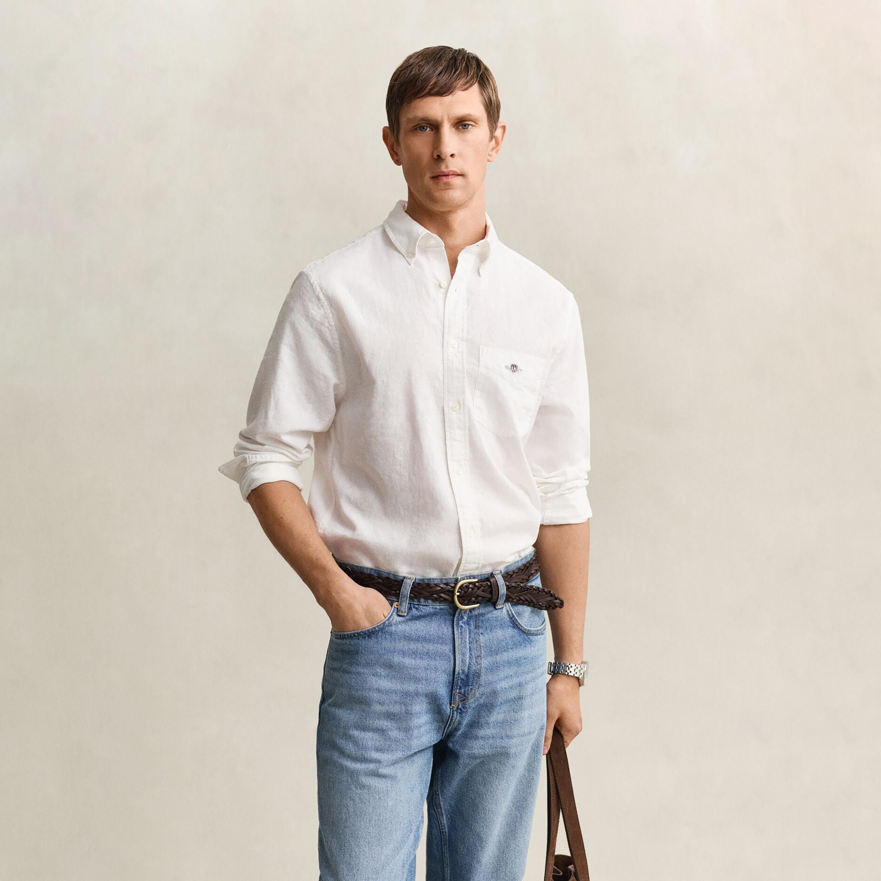 Gant Plain Regular Fit Long Sleeves Linen Button-Down Collar Men's Shirt-men-clothing-shirts-image-1