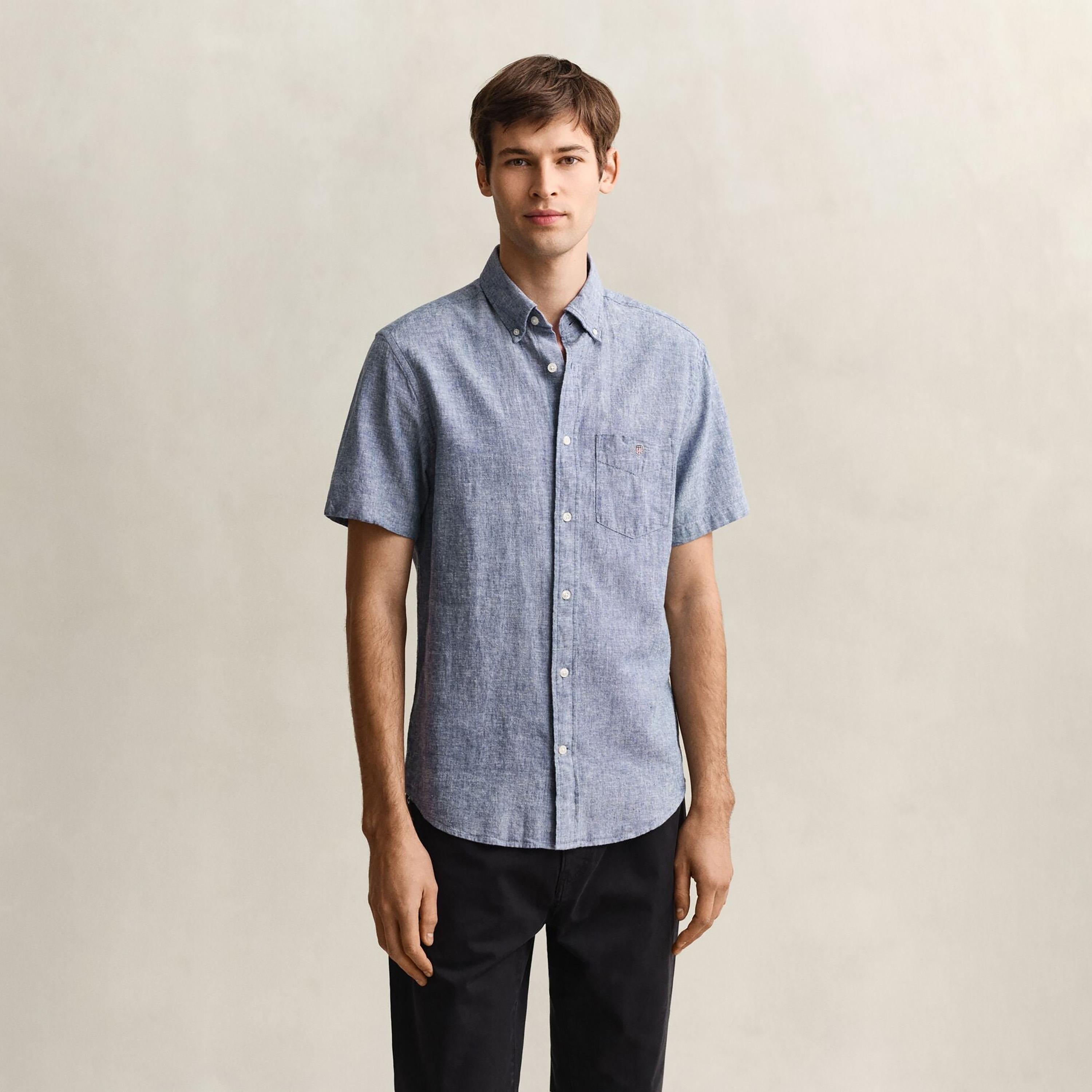 قميص رجالي من الكتان السادة بقصة عادية وياقة وأزرار وأكمام قصيرة من جانت-men-clothing-shirts-image-22