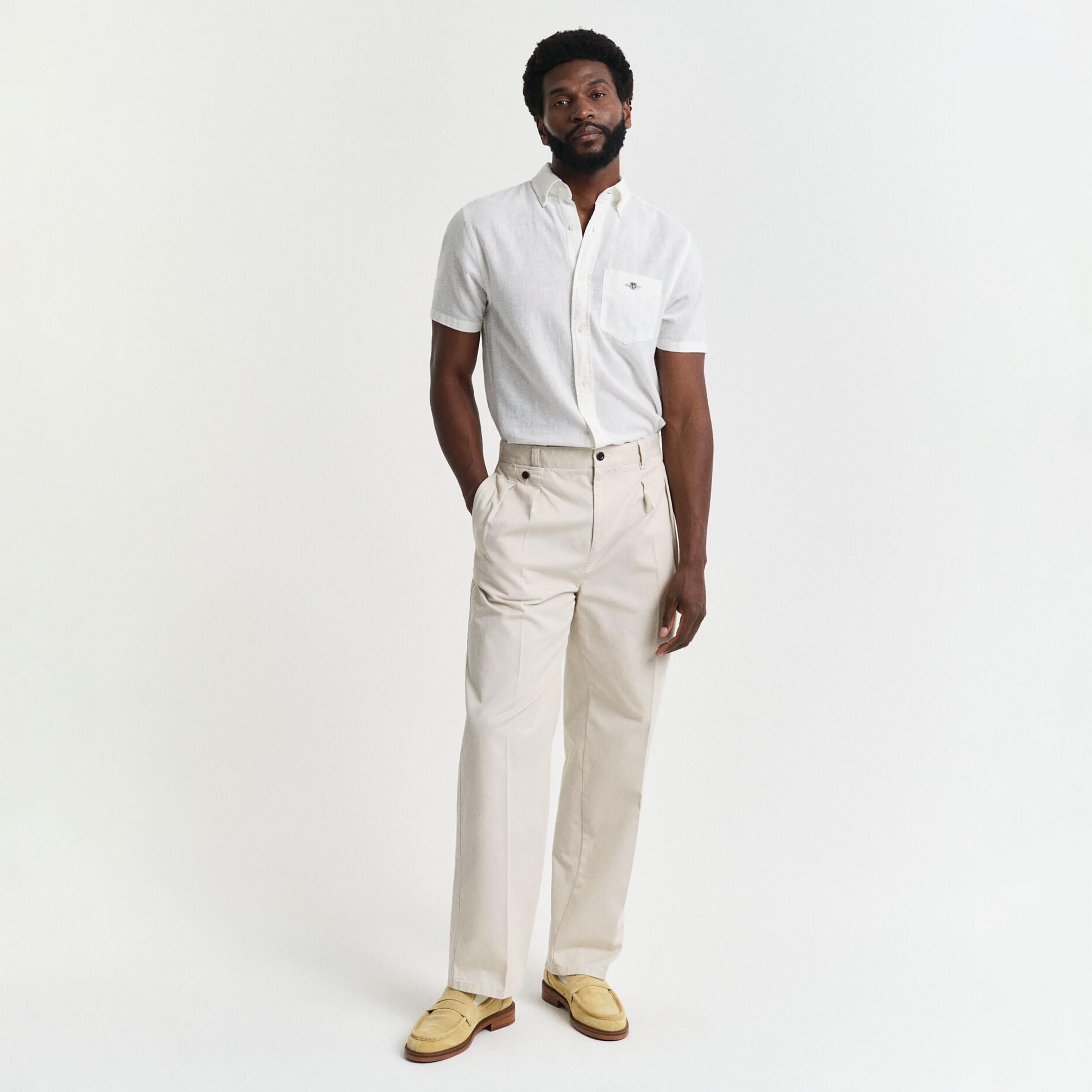 قميص رجالي من الكتان السادة بقصة عادية وياقة وأزرار وأكمام قصيرة من جانت-men-clothing-shirts-image-3