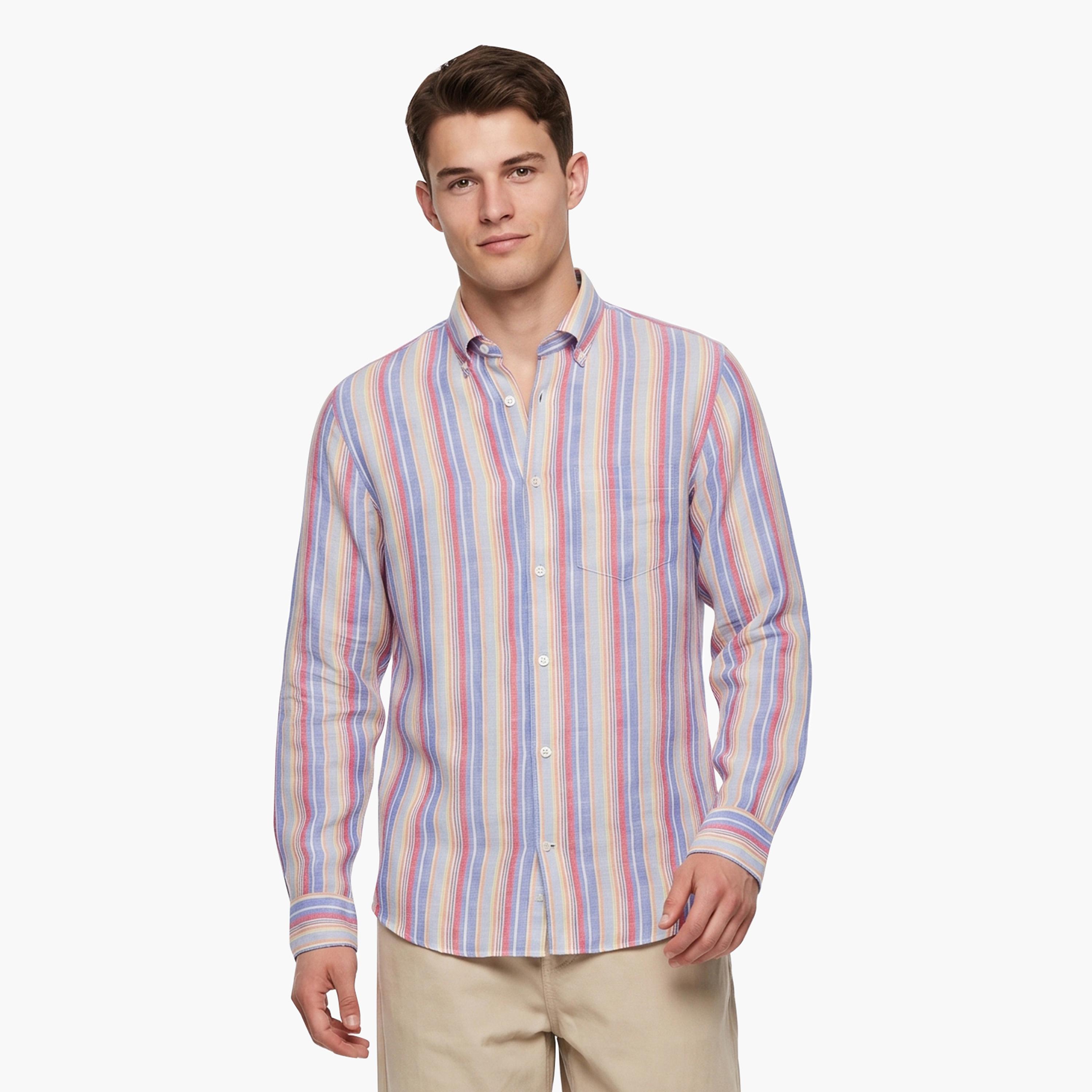 Gant Regular Fit Striped Linen Button-Down Collar Long Sleeves Men's Shirt-men-clothing-shirts-image-1
