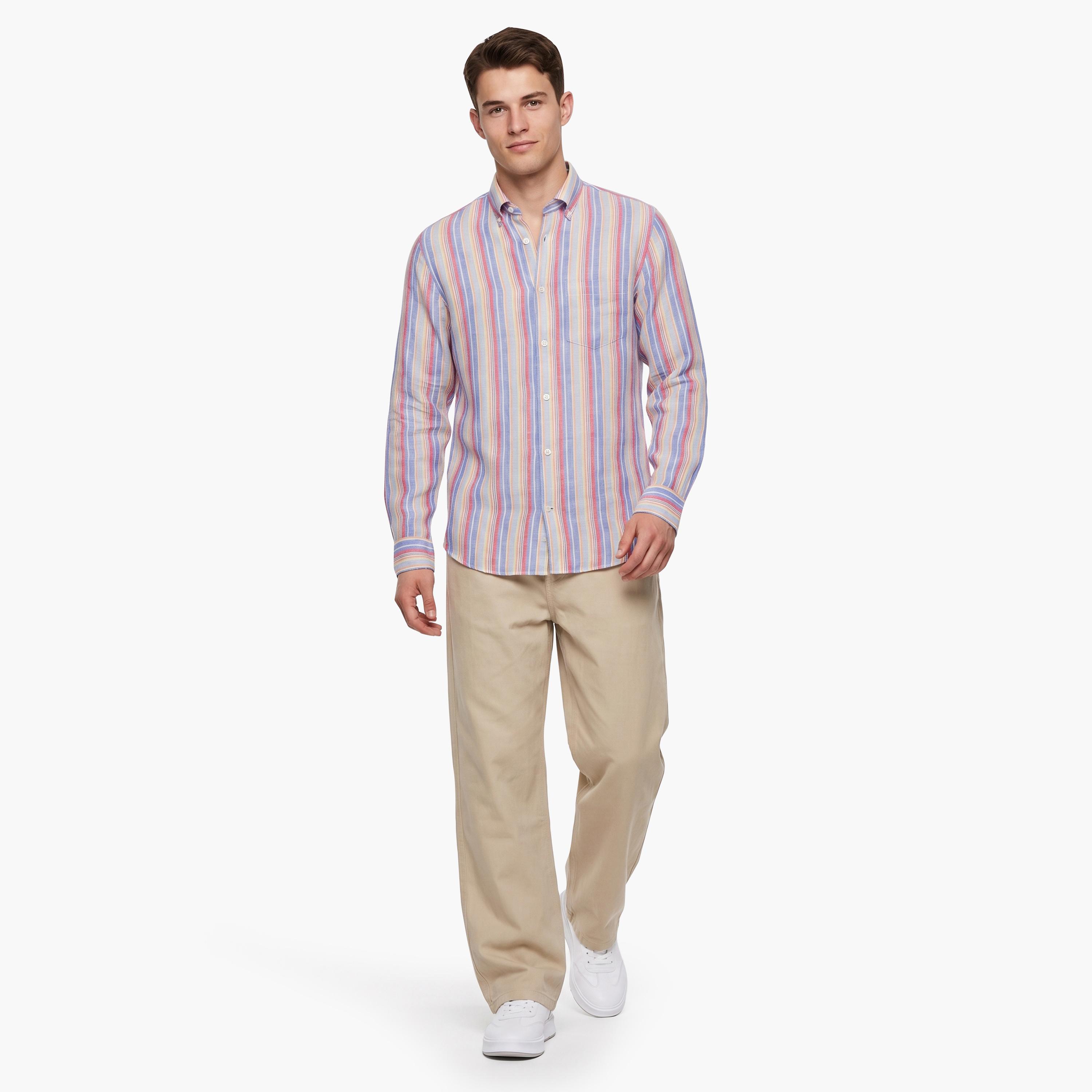 Gant Regular Fit Striped Linen Button-Down Collar Long Sleeves Men's Shirt-men-clothing-shirts-image-2