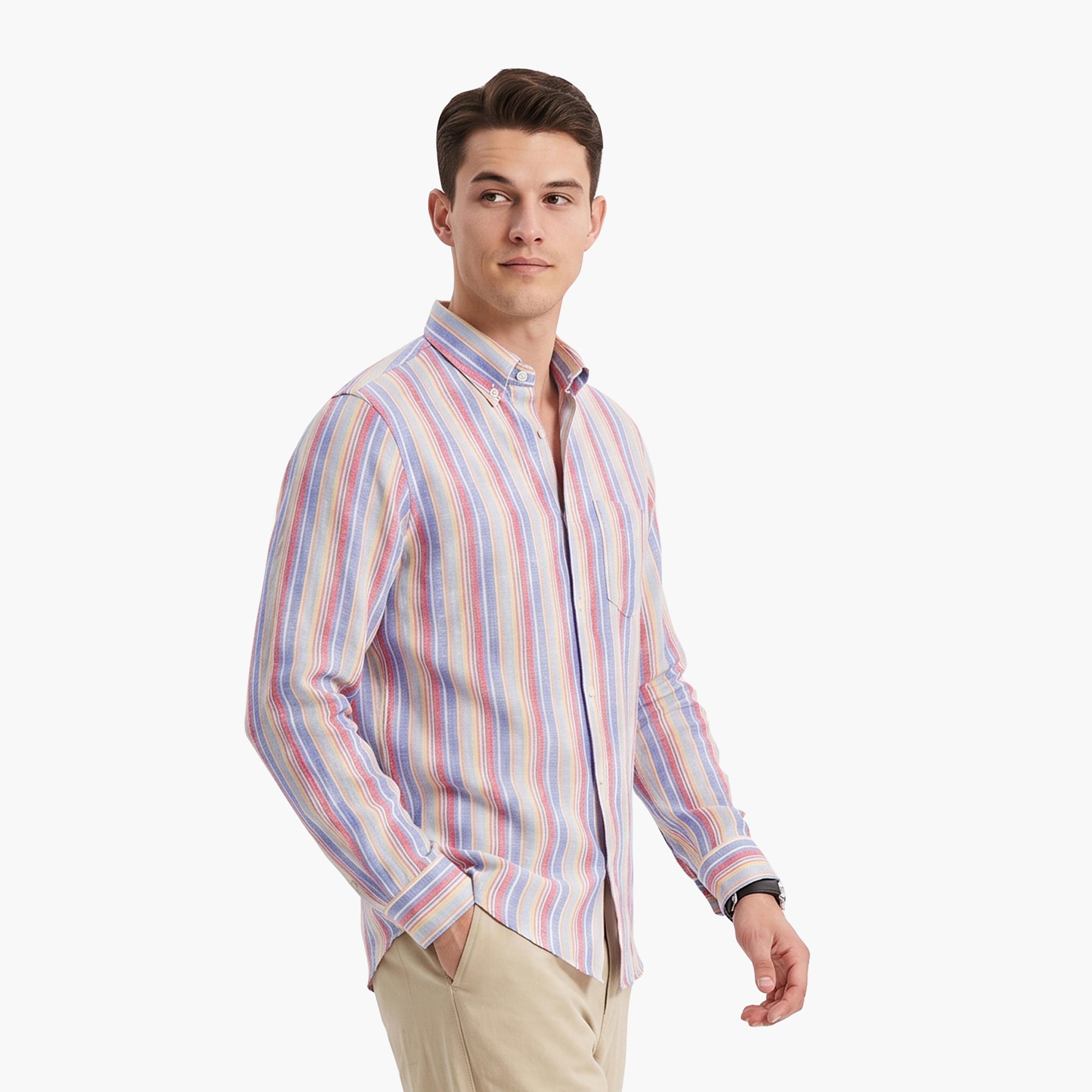 Gant Regular Fit Striped Linen Button-Down Collar Long Sleeves Men's Shirt-men-clothing-shirts-image-5
