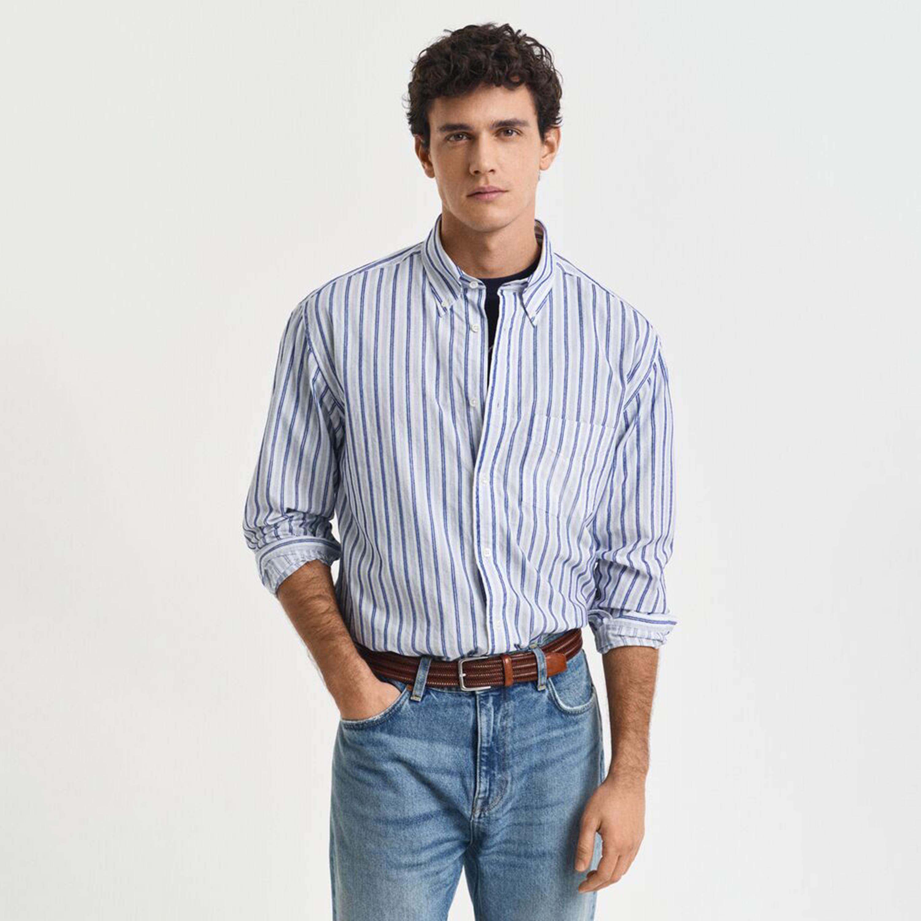 قميص رجالي بتصميم مخطط مريح وياقة بأزرار وأكمام طويلة من جانت-men-clothing-shirts-image-1