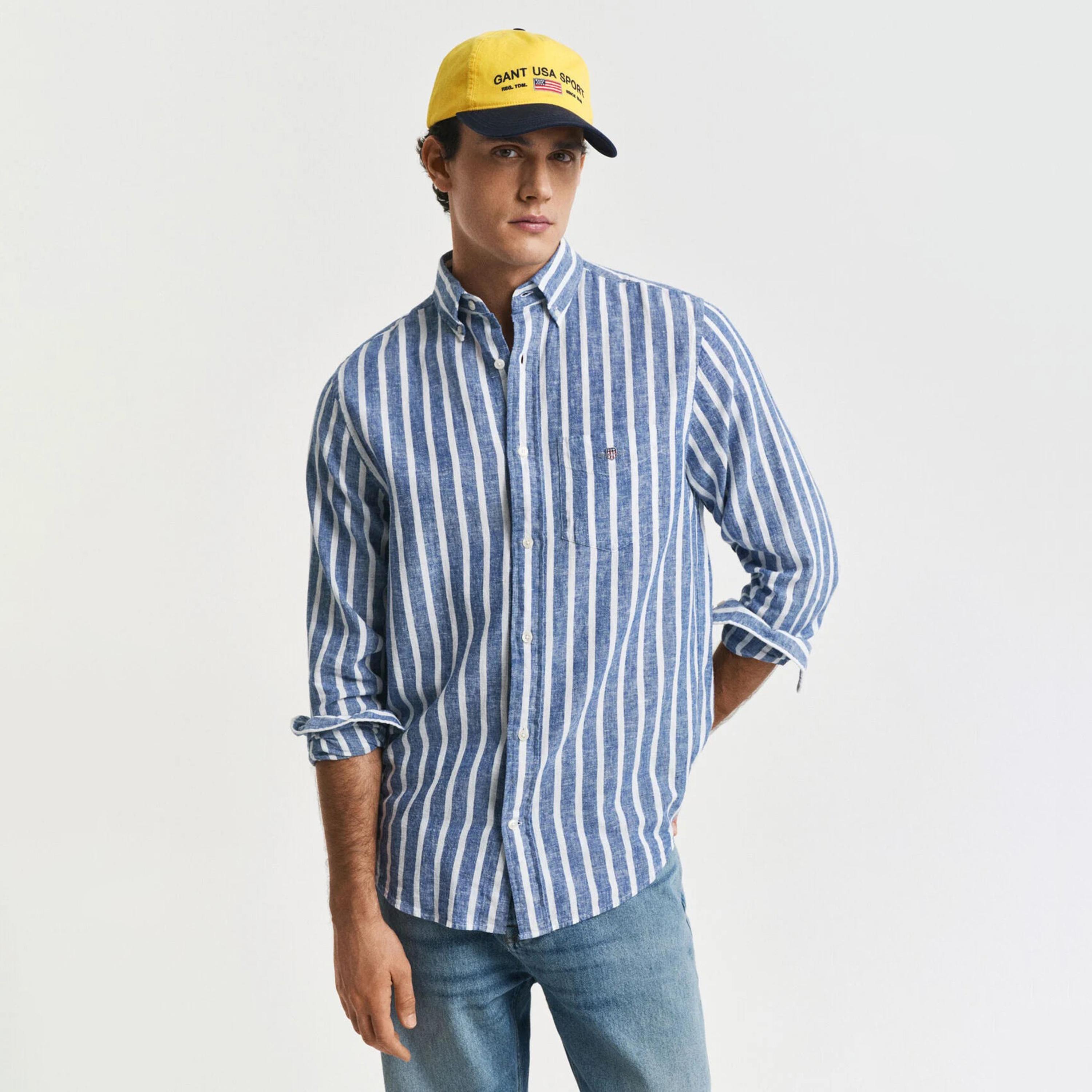 قميص رجالي مخطط بقصّة عادية وأزرار وأكمام طويلة من جانت-men-clothing-shirts-image-1