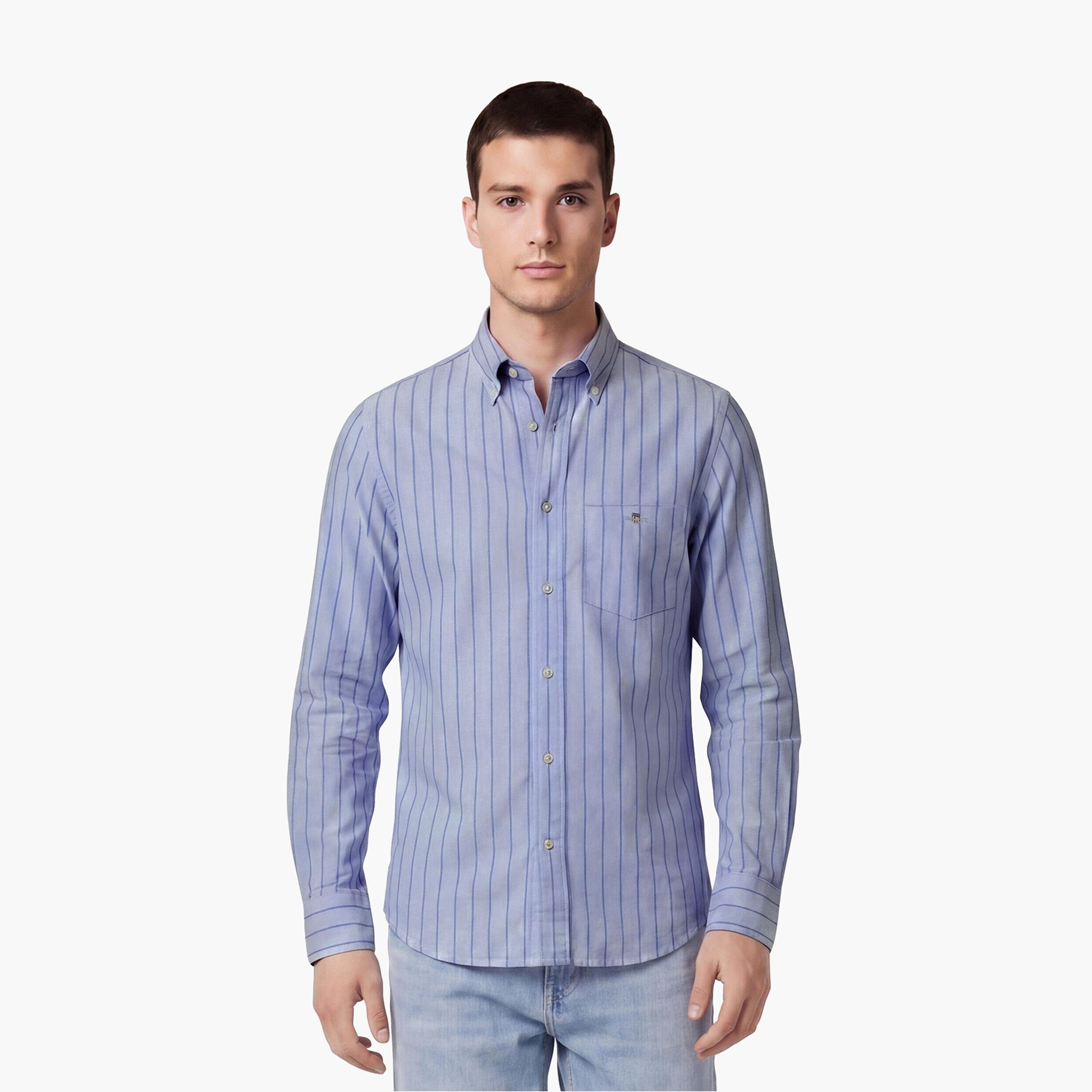 قميص رجالي بقصة عادية مخطط بياقة بأزرار وأكمام طويلة من غانت-men-clothing-shirts-image-1