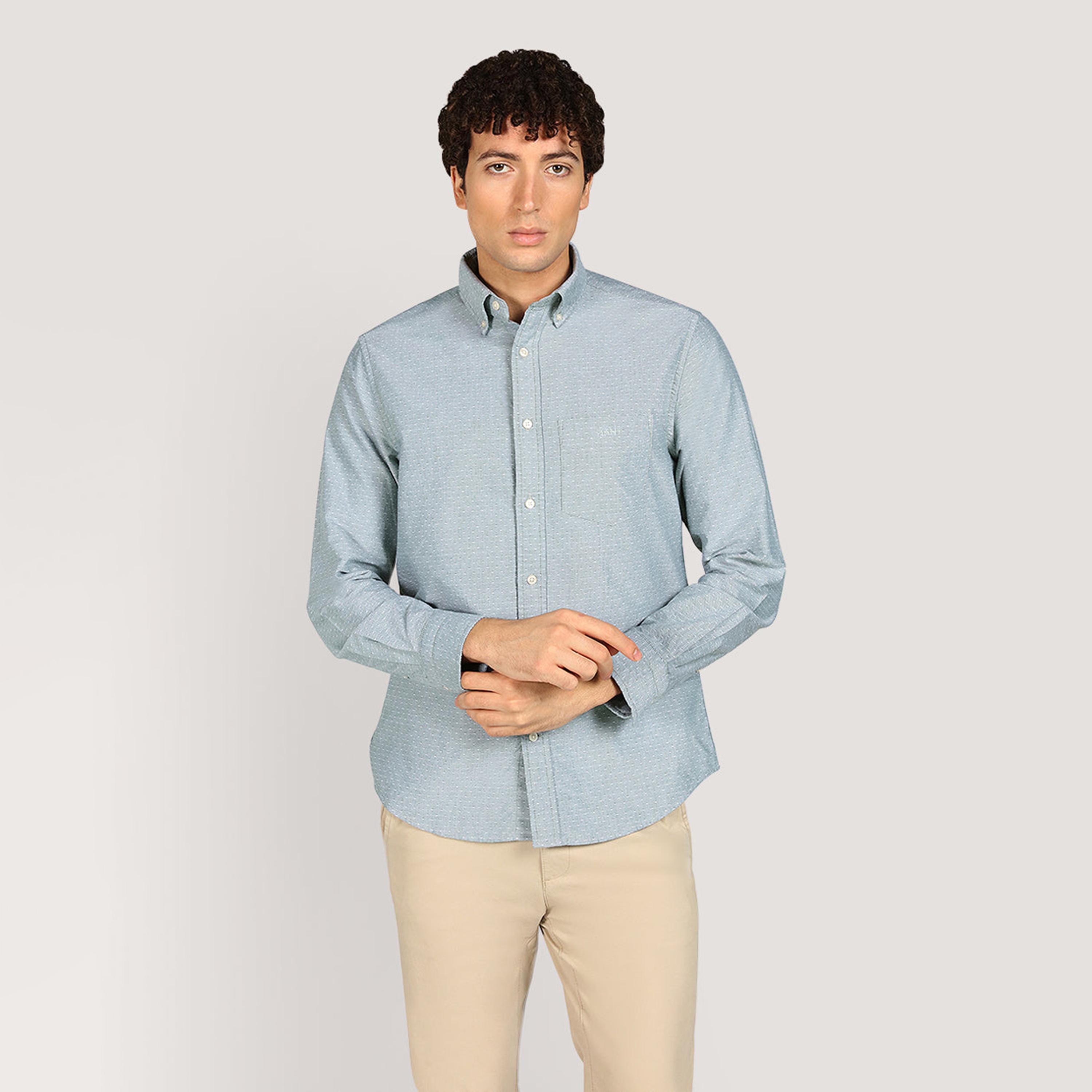 قميص أكسفورد رجالي بقصة عادية بياقة بأزرار ومنقّط دوبي وأكمام طويلة من جانت-men-clothing-shirts-image-1
