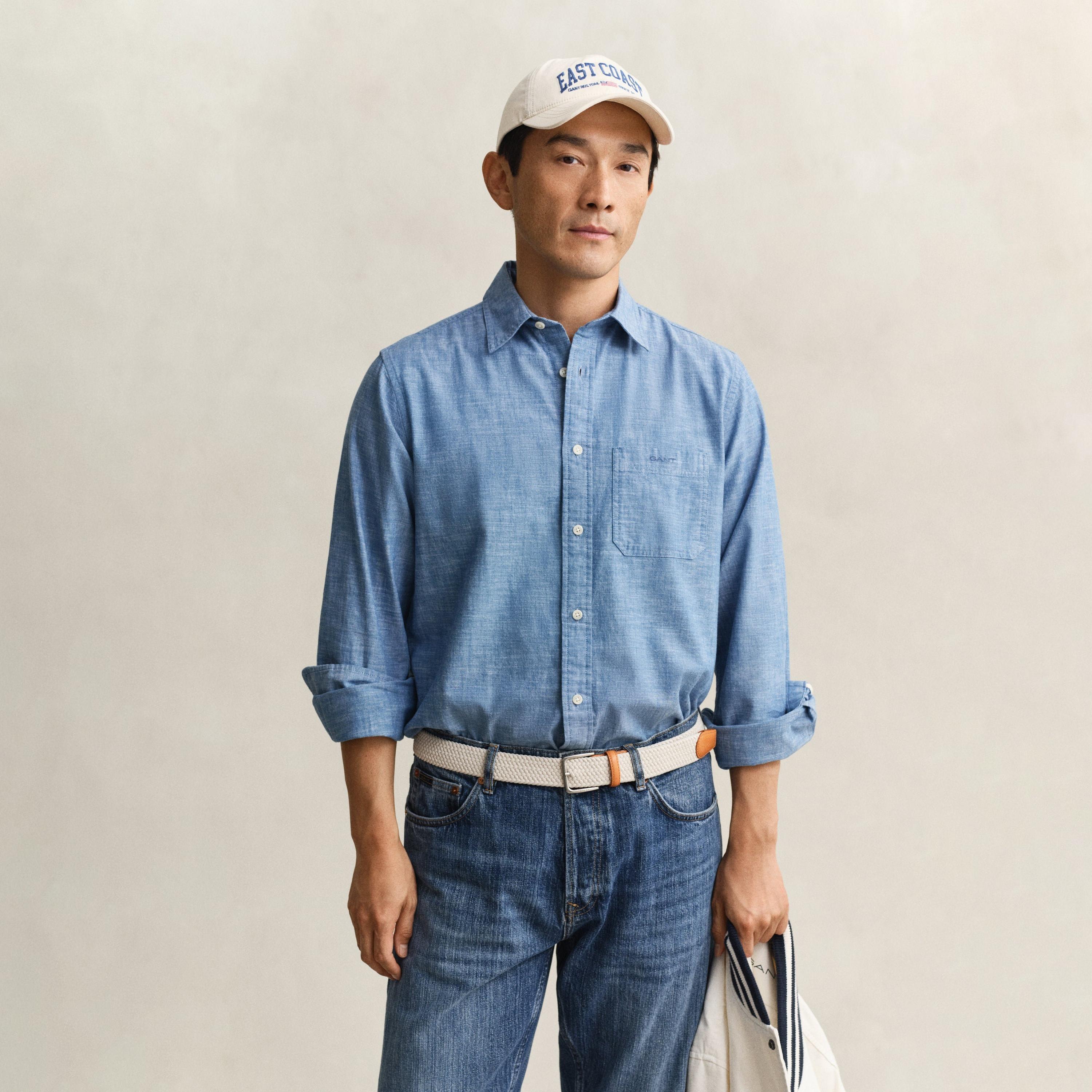 قميص رجالي بأكمام طويلة وقصة "ريجيولار فيت" سادة وياقة "سبريد" من جانت-men-clothing-shirts-image-4