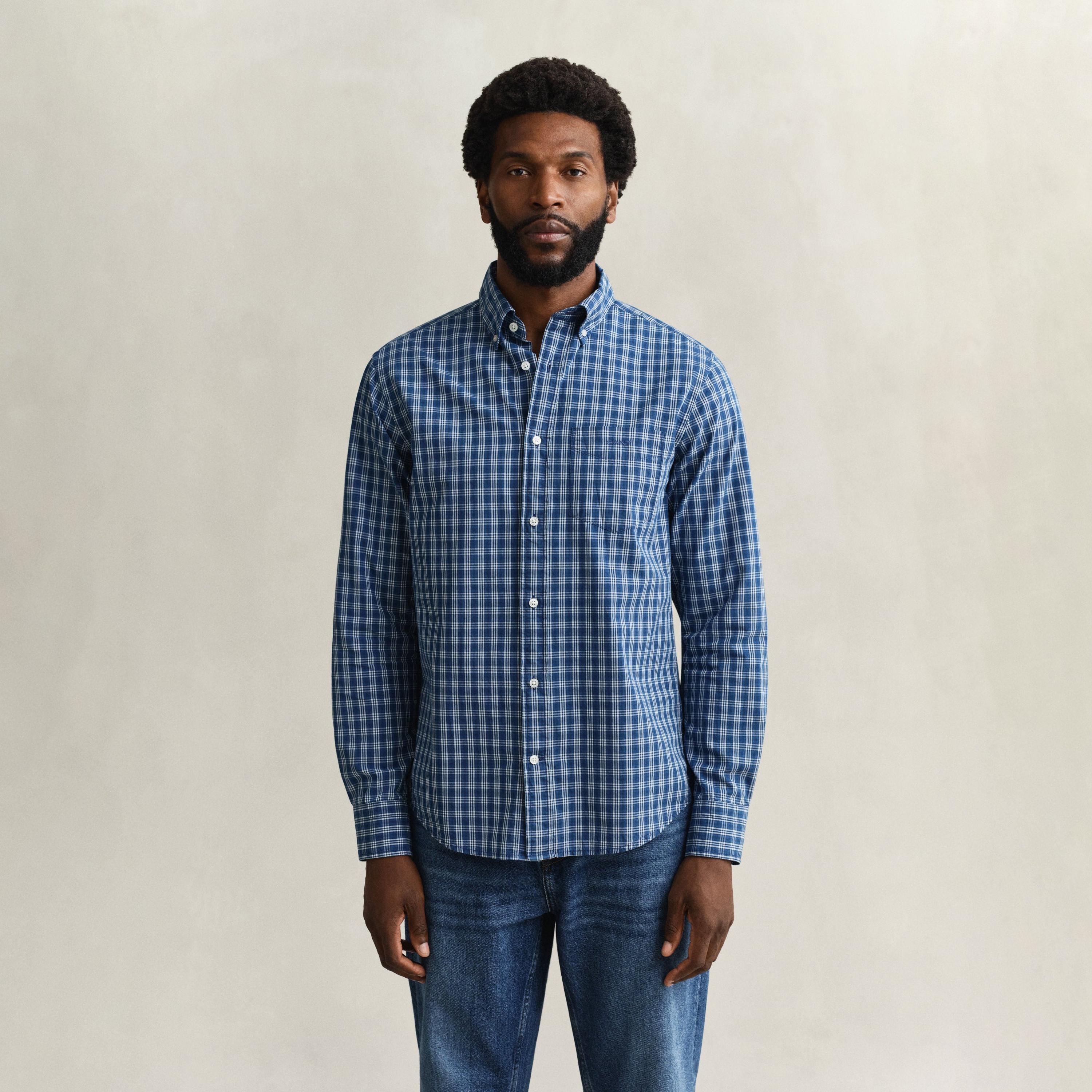 Gant Checked Regular Fit Long Sleeves Indigo Button-Down Collar Men's Shirt-men-clothing-shirts-image-1