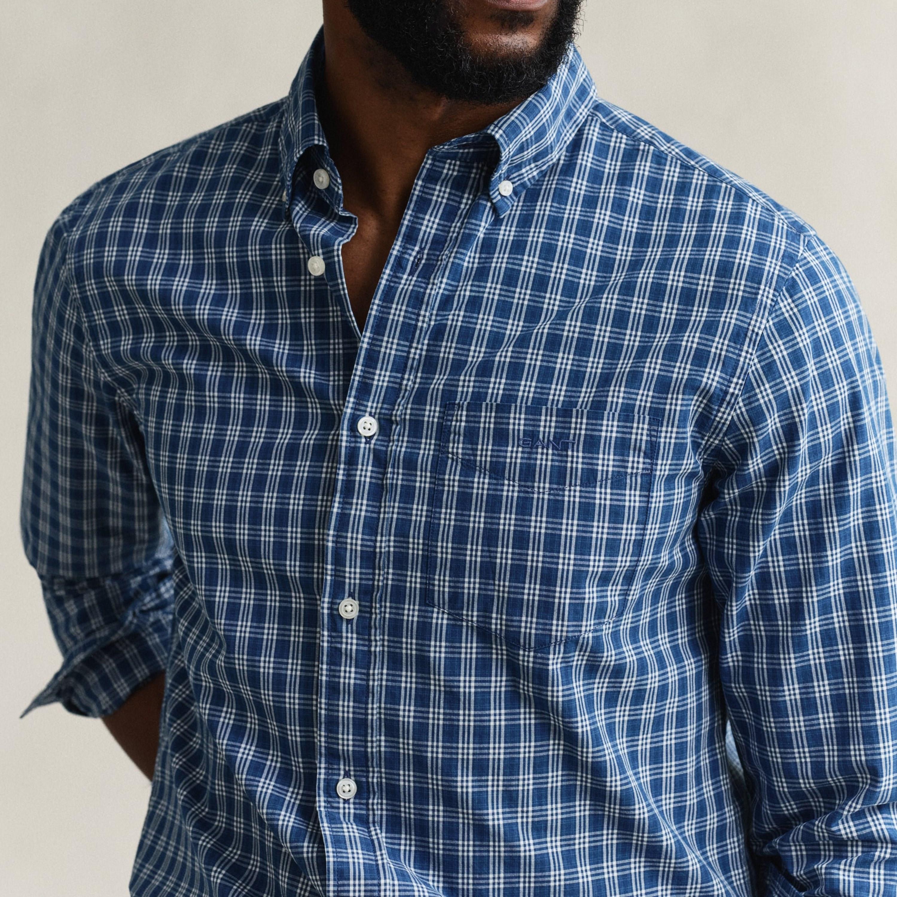 Gant Checked Regular Fit Long Sleeves Indigo Button-Down Collar Men's Shirt-men-clothing-shirts-image-3