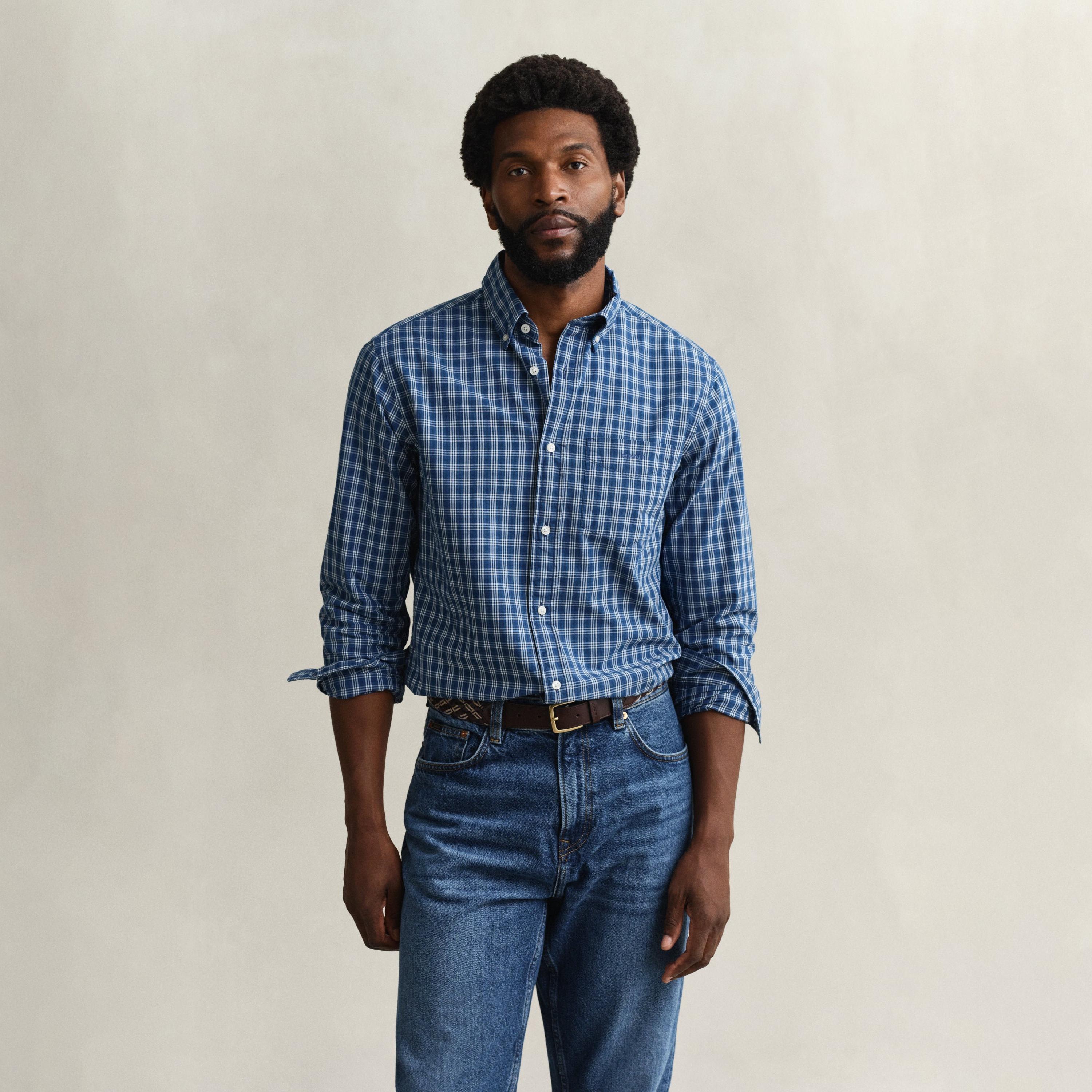 Gant Checked Regular Fit Long Sleeves Indigo Button-Down Collar Men's Shirt-men-clothing-shirts-image-5