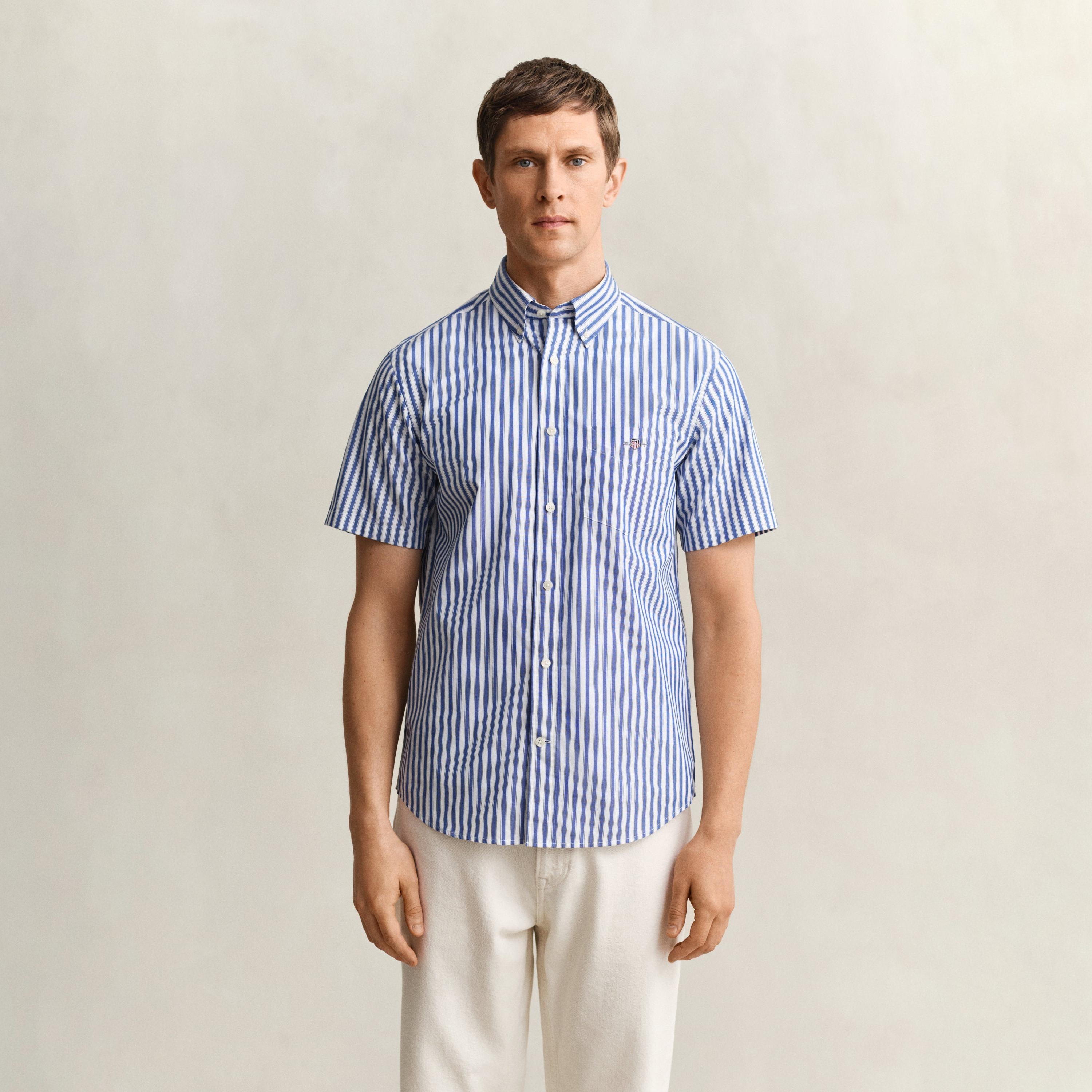 قميص رجالي بقصة عادية بياقة وأزرار سفلية مخططة وأكمام قصيرة من جانت.-men-clothing-shirts-image-7