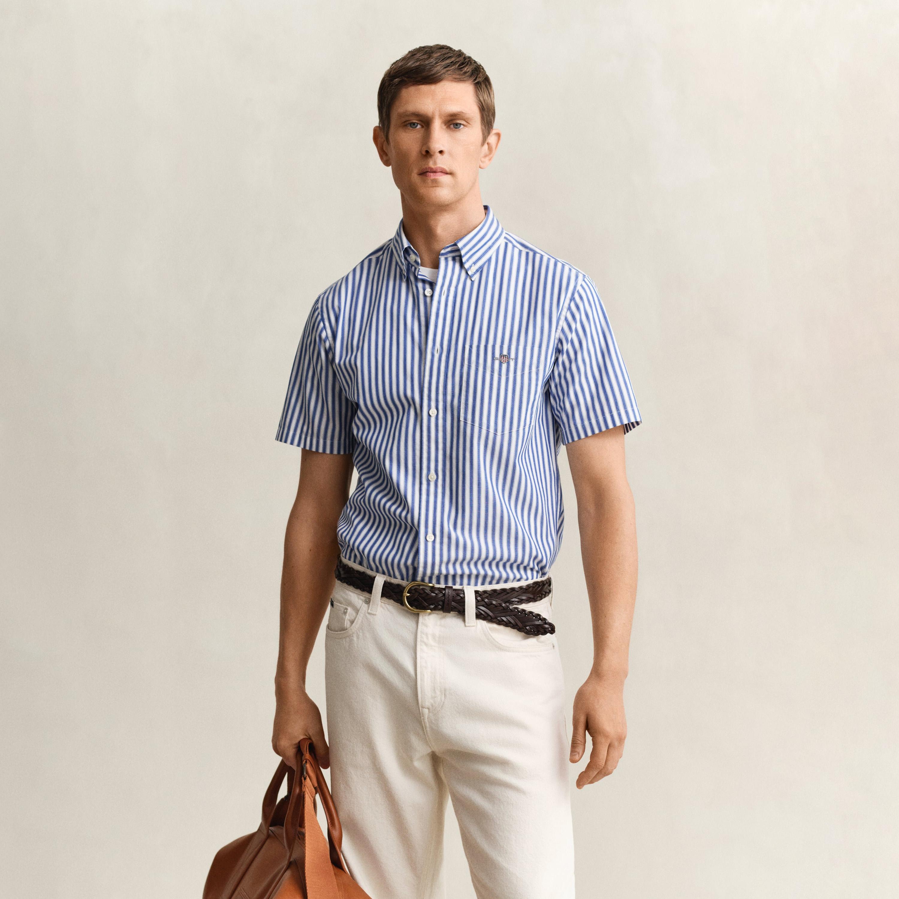 قميص رجالي بقصة عادية بياقة وأزرار سفلية مخططة وأكمام قصيرة من جانت.-men-clothing-shirts-image-12