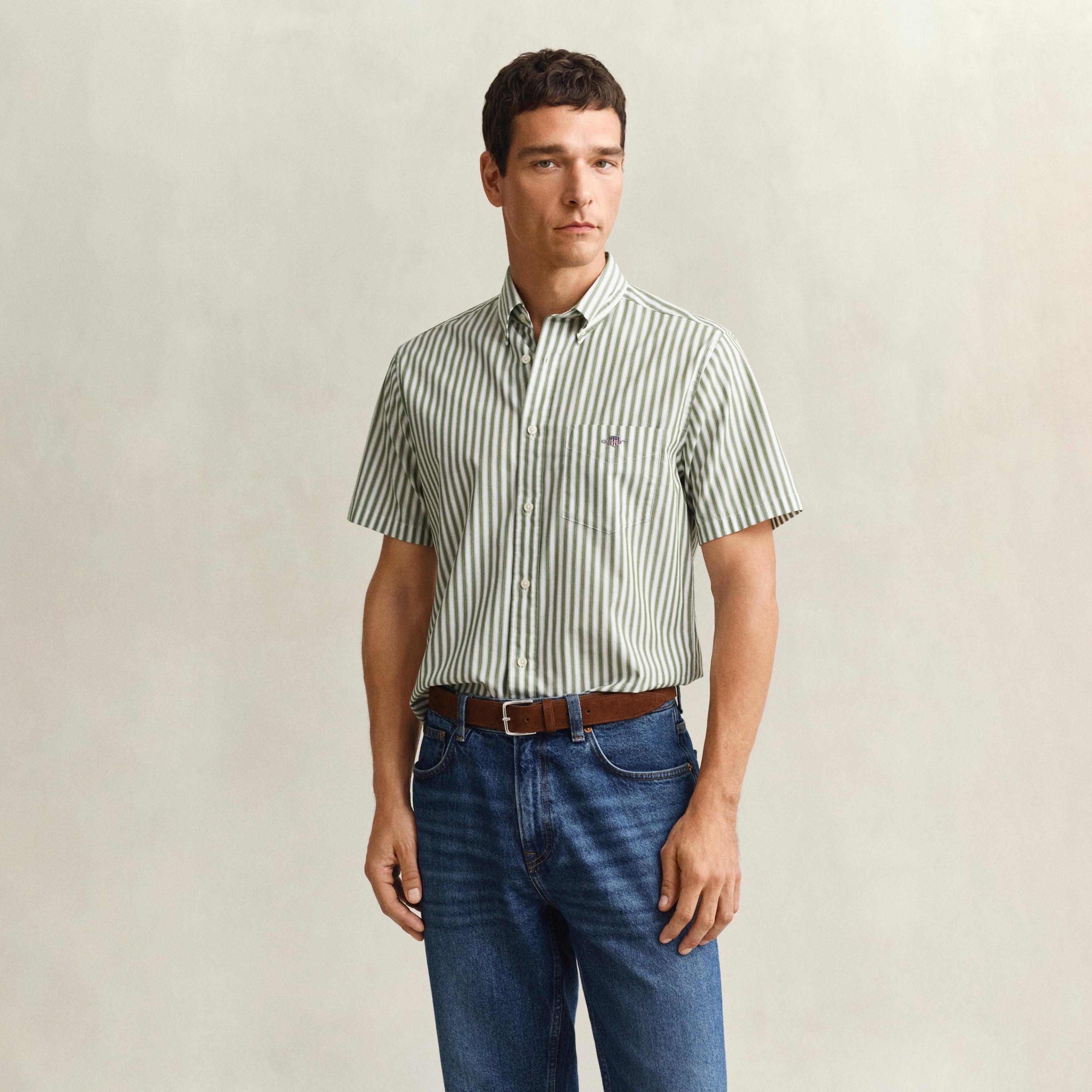 Gant Striped Regular Fit Short Sleeves Poplin Button-Down Collar Men's Shirt-men-clothing-shirts-image-1