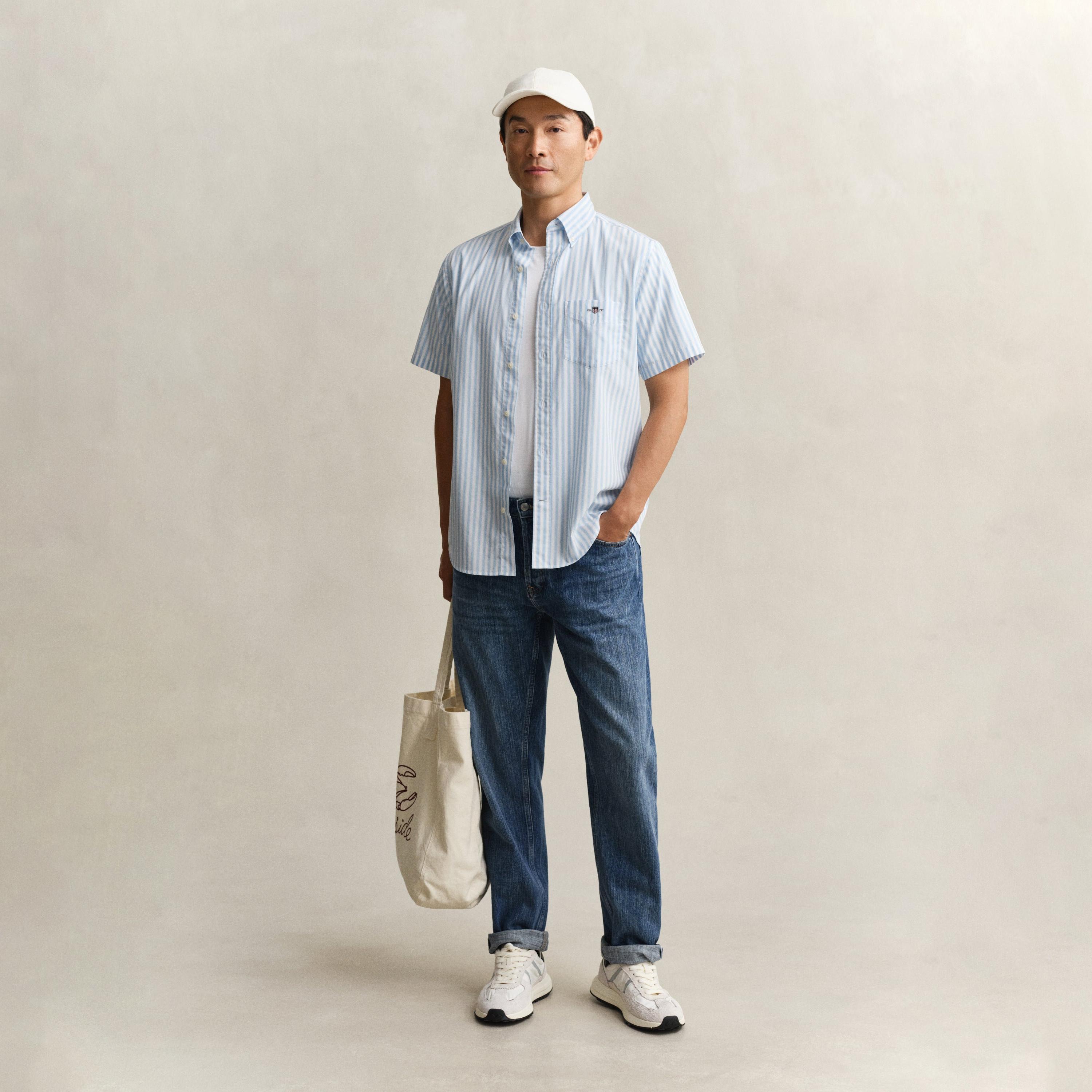 قميص رجالي بقصة عادية بياقة وأزرار سفلية مخططة وأكمام قصيرة من جانت.-men-clothing-shirts-image-14