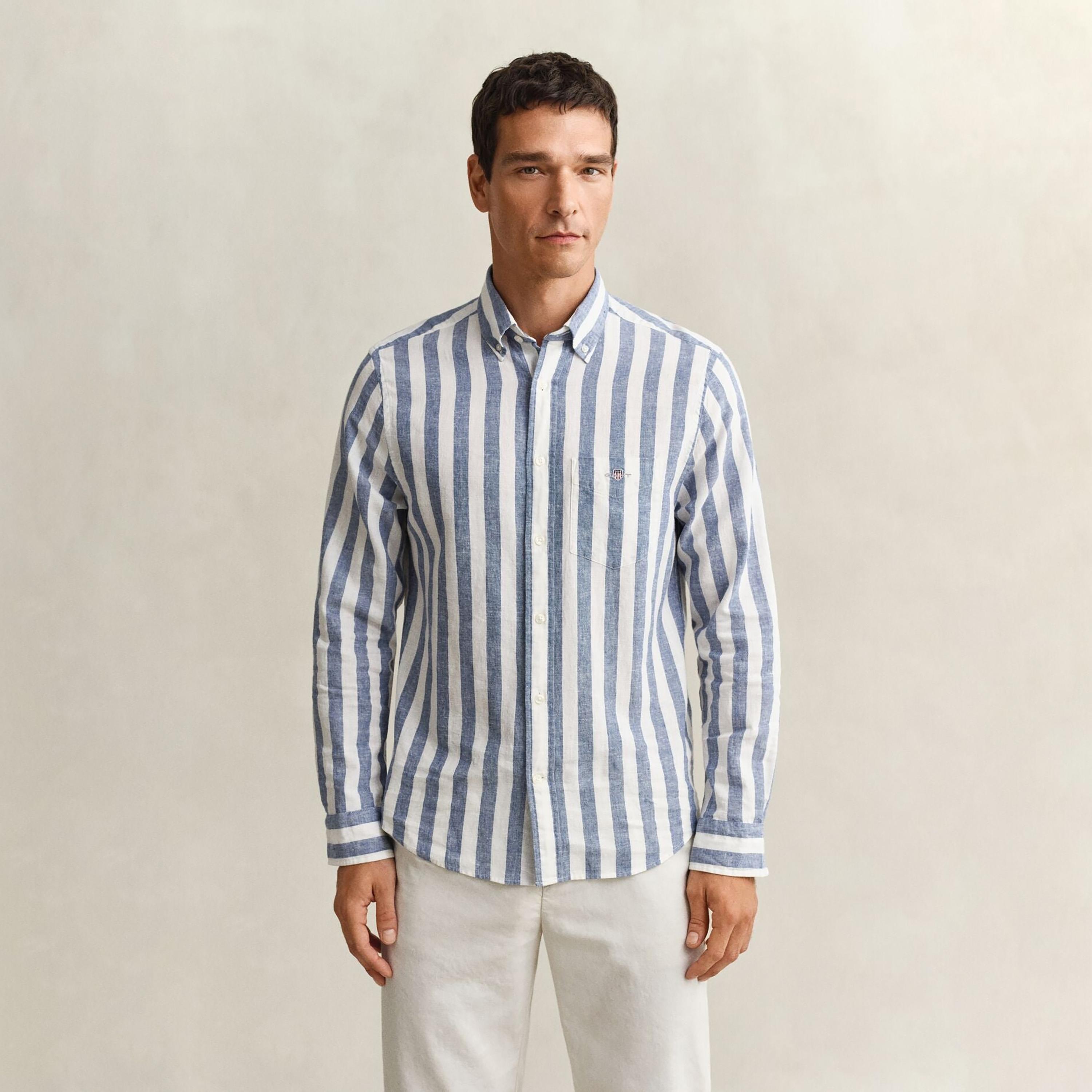 Gant Striped Regular Fit Long Sleeves Linen Button-Down Collar Men's Shirt-men-clothing-shirts-image-13