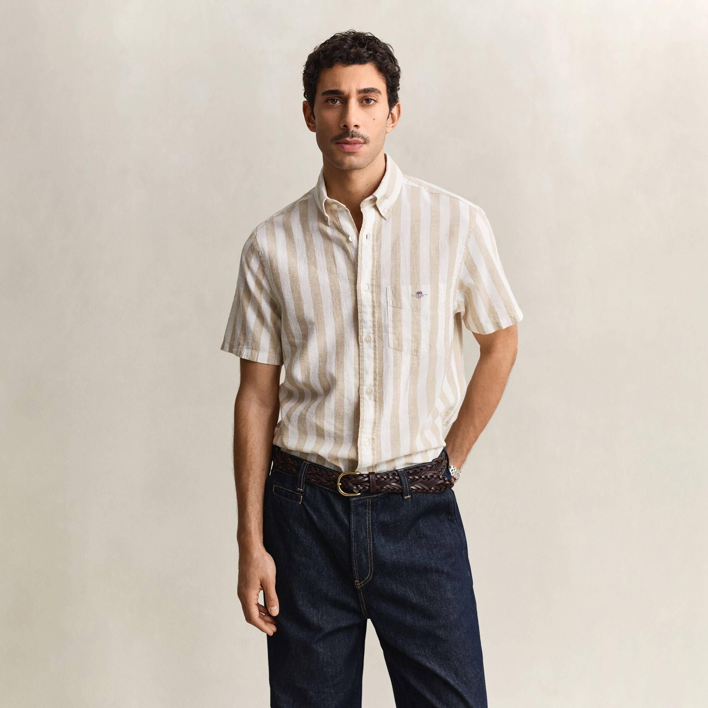 Gant Striped Regular Fit Short Sleeves Linen Button-Down Collar Men's Shirt-men-clothing-shirts-image-1