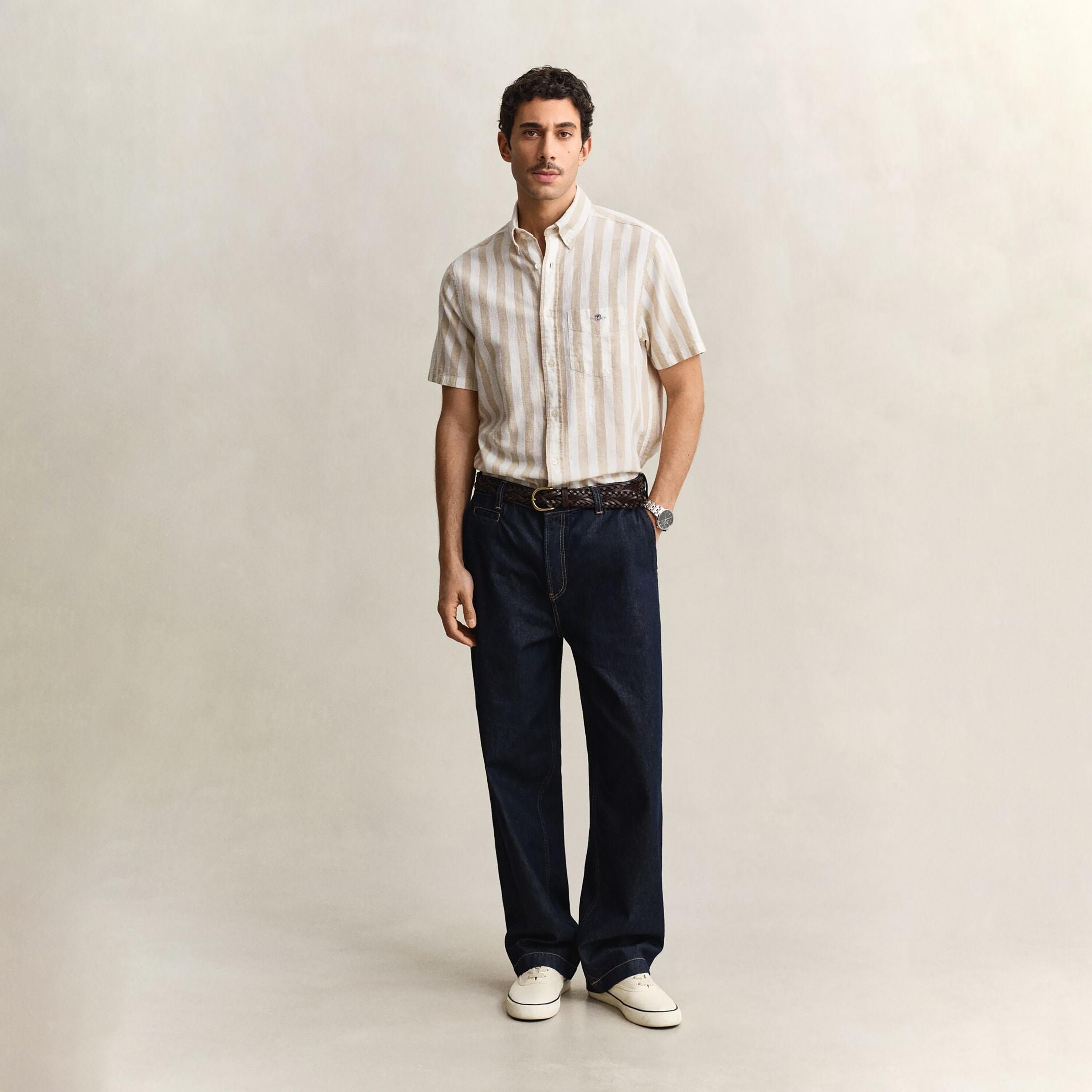 Gant Striped Regular Fit Short Sleeves Linen Button-Down Collar Men's Shirt-men-clothing-shirts-image-2