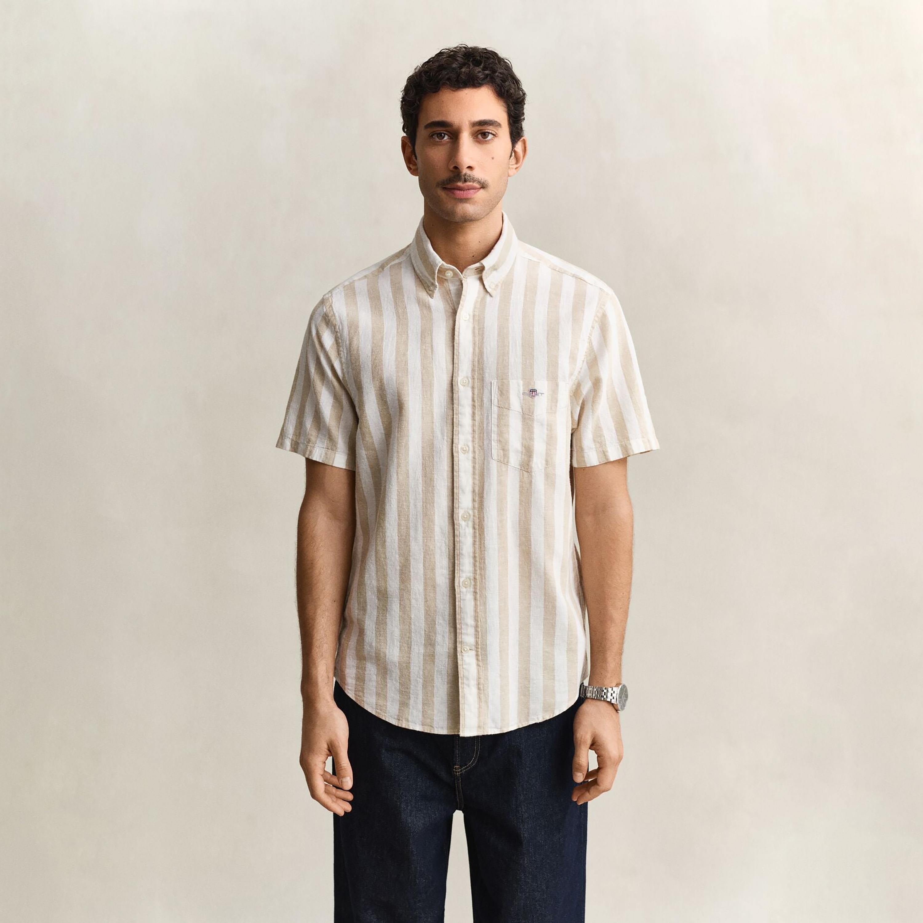 Gant Striped Regular Fit Short Sleeves Linen Button-Down Collar Men's Shirt-men-clothing-shirts-image-5