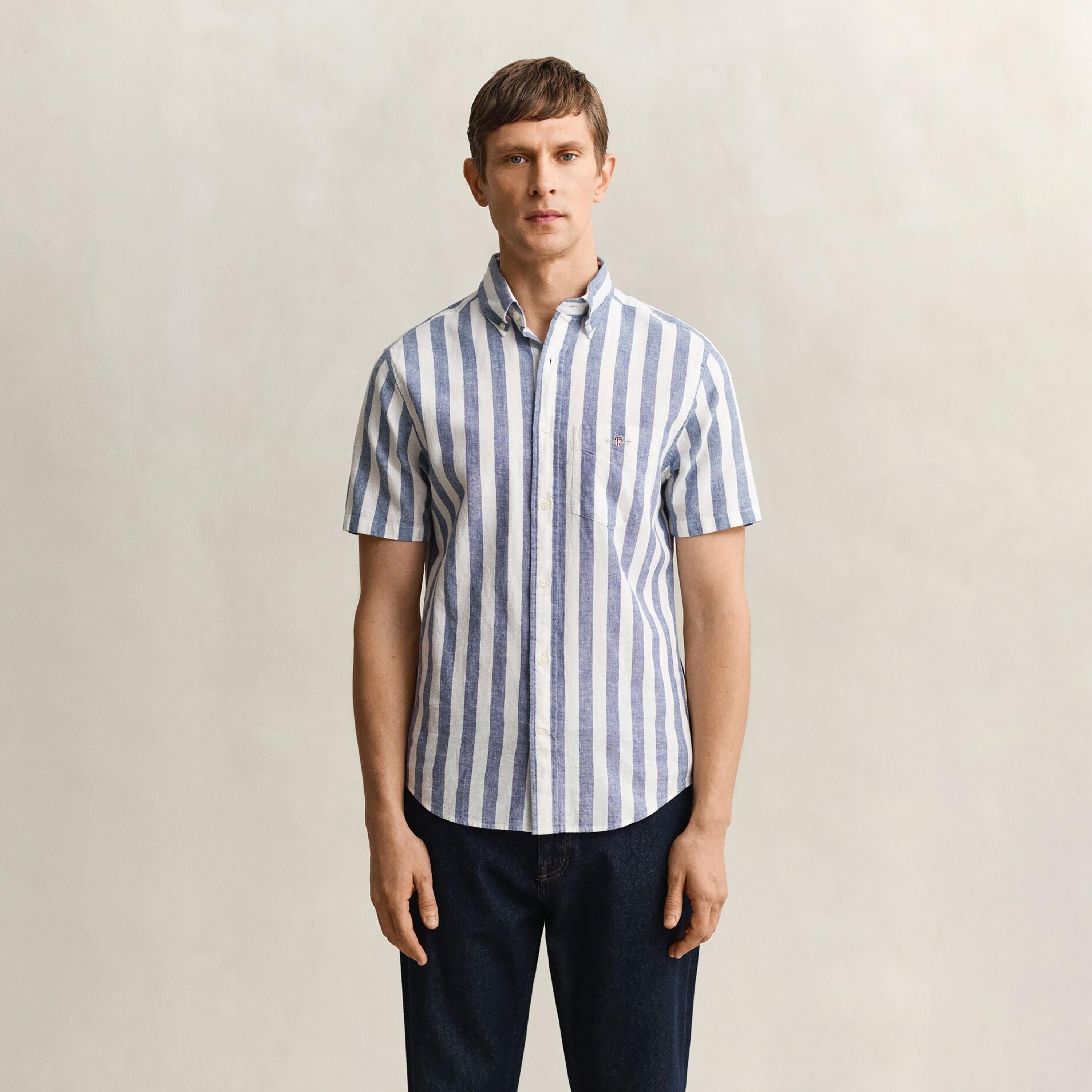Gant Striped Regular Fit Short Sleeves Linen Button-Down Collar Men's Shirt-men-clothing-shirts-image-13