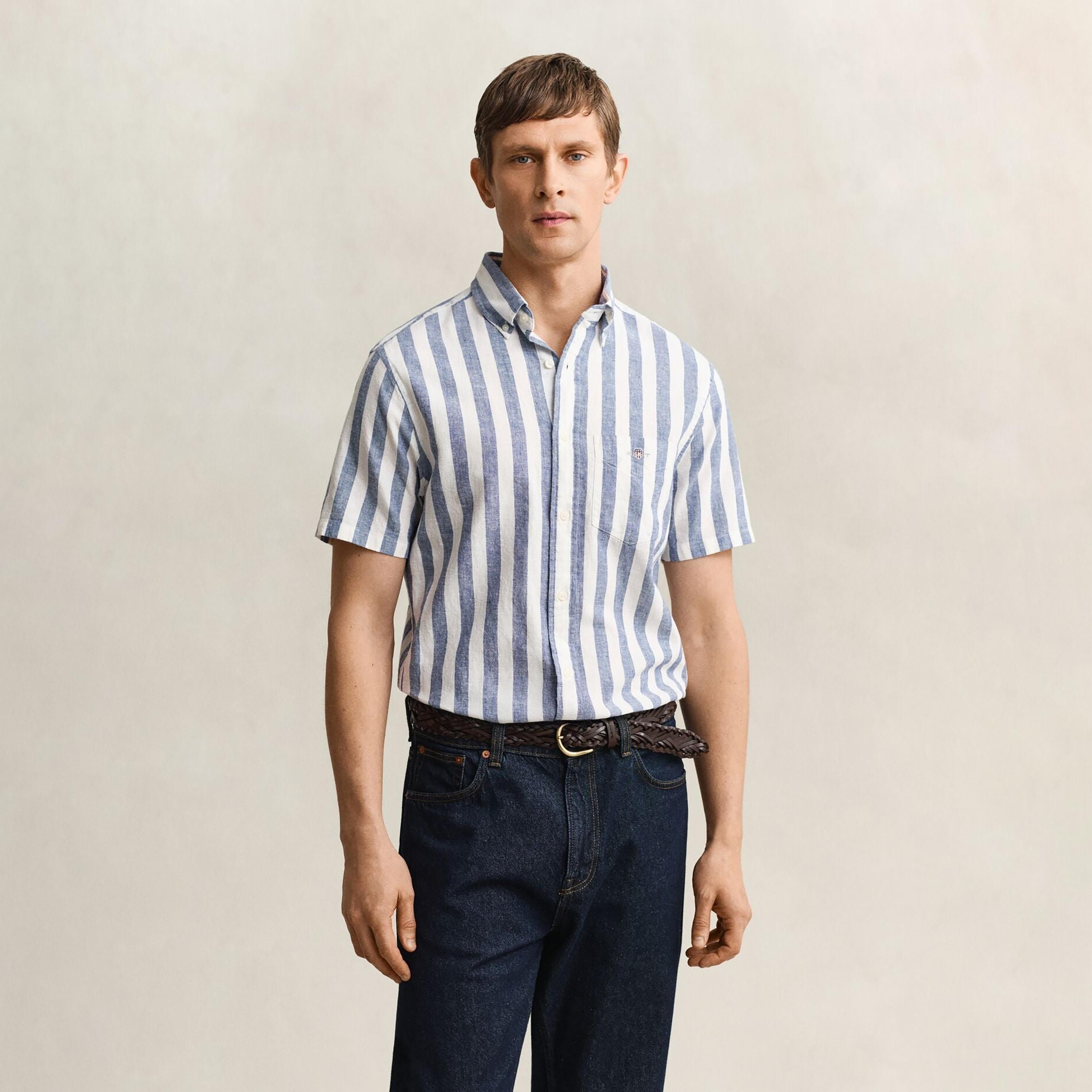 Gant Striped Regular Fit Short Sleeves Linen Button-Down Collar Men's Shirt-men-clothing-shirts-image-16