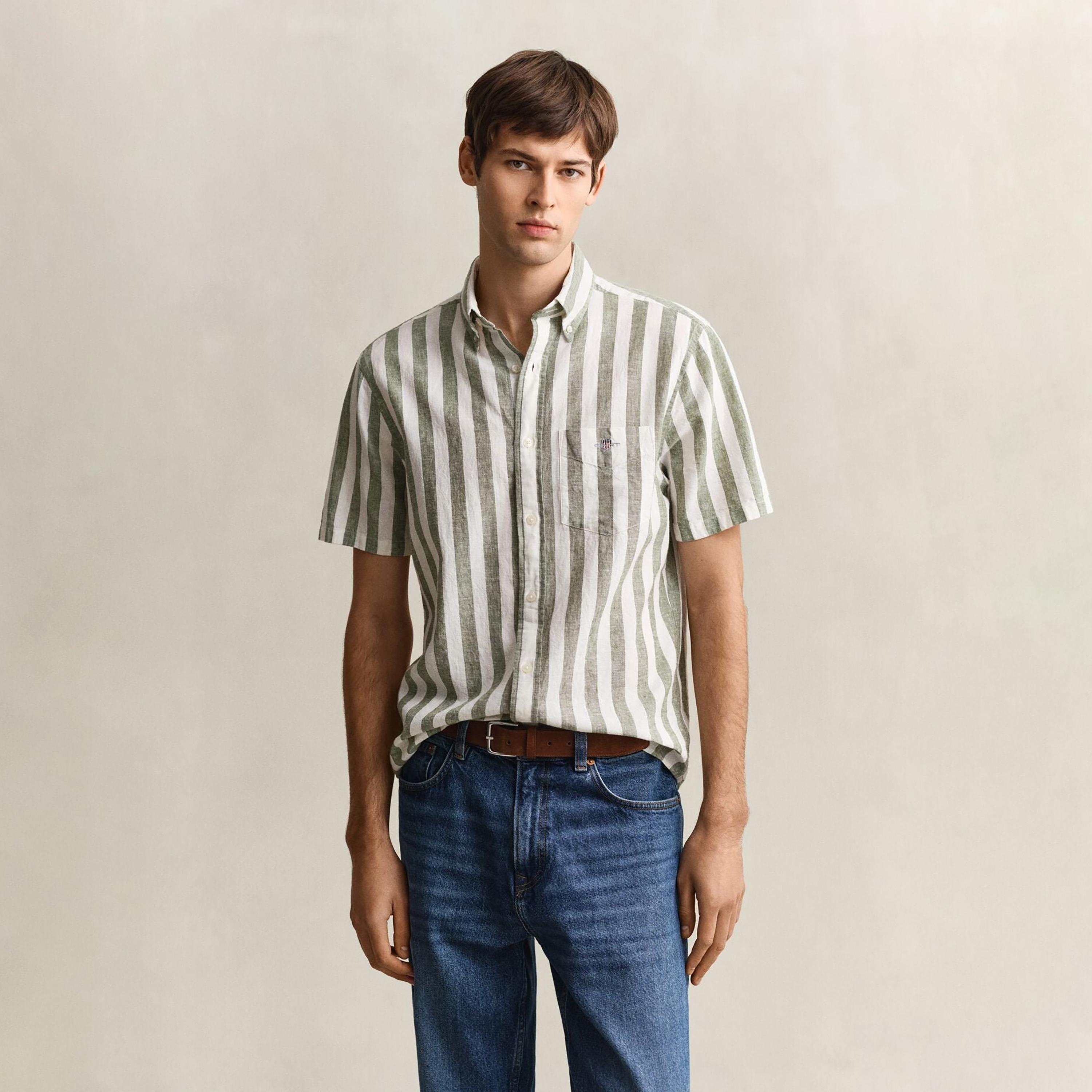 Gant Striped Regular Fit Short Sleeves Linen Button-Down Collar Men's Shirt-men-clothing-shirts-image-7