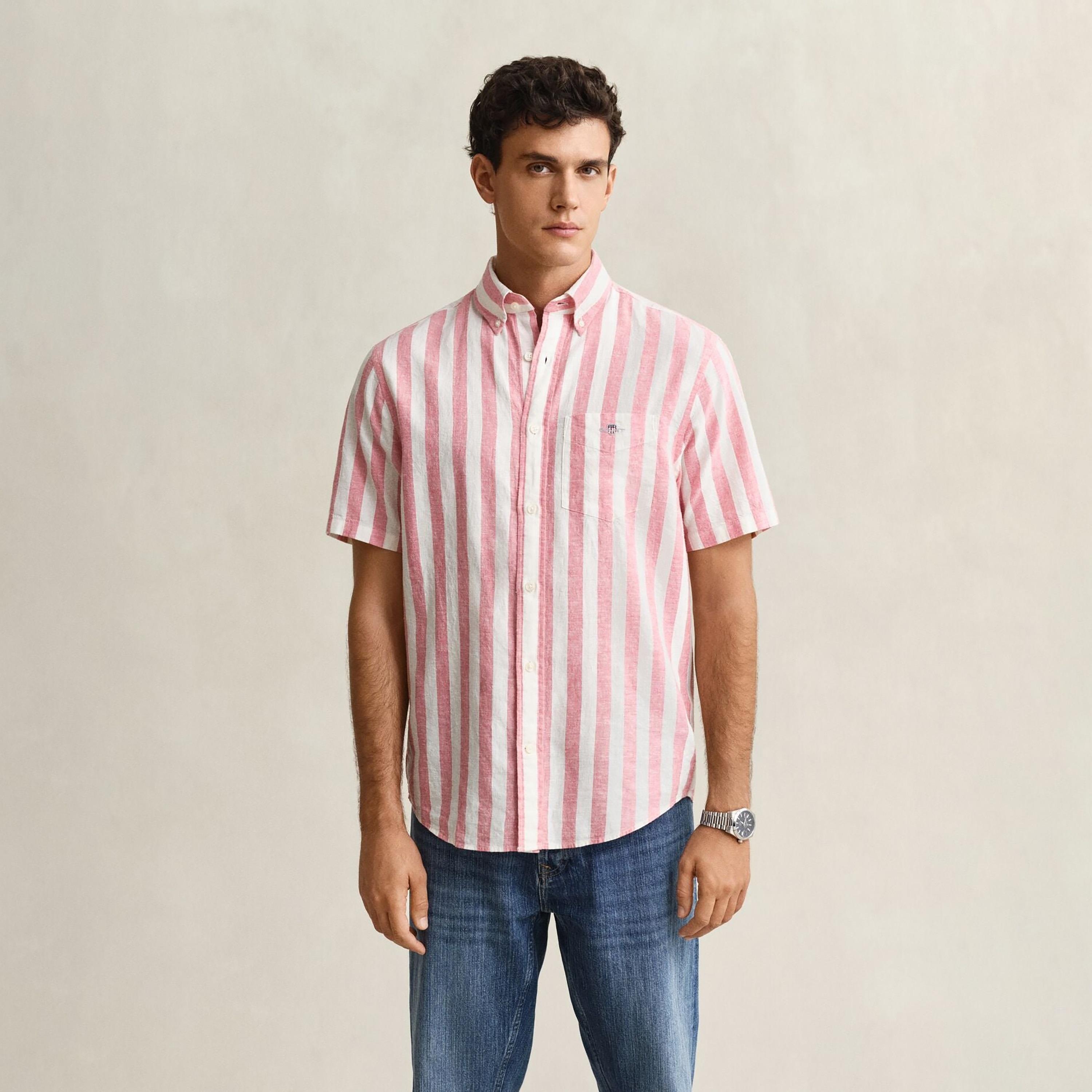 Gant Striped Regular Fit Short Sleeves Linen Button-Down Collar Men's Shirt-men-clothing-shirts-image-19