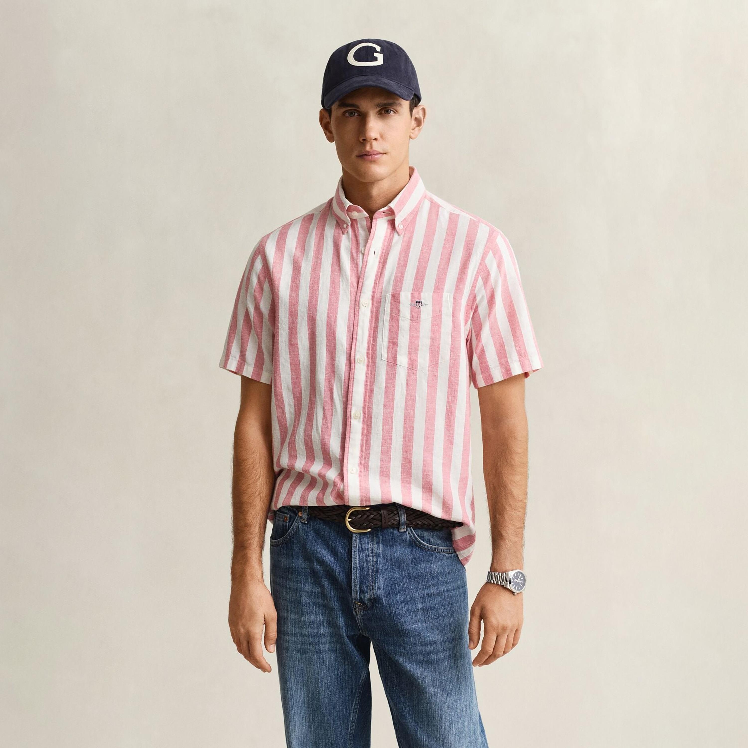 Gant Striped Regular Fit Short Sleeves Linen Button-Down Collar Men's Shirt-men-clothing-shirts-image-21