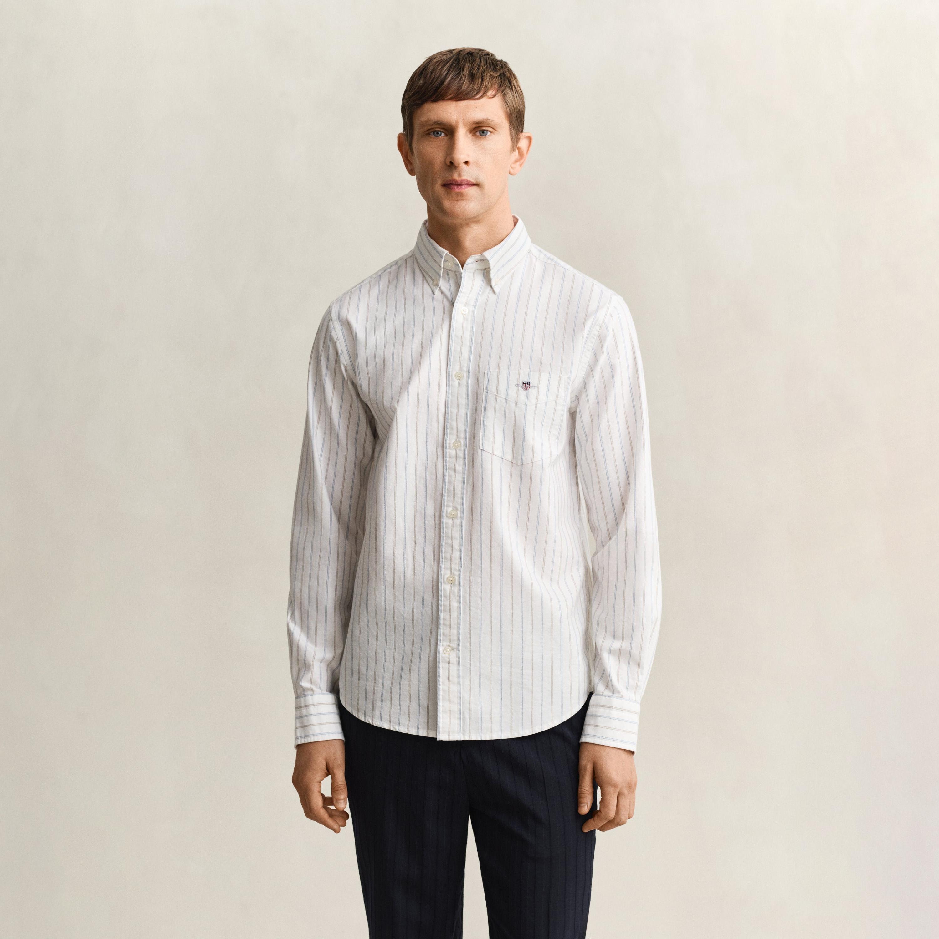 قميص رجالي مخطط بقصّة عادية وأزرار وأكمام طويلة من جانت-men-clothing-shirts-image-1